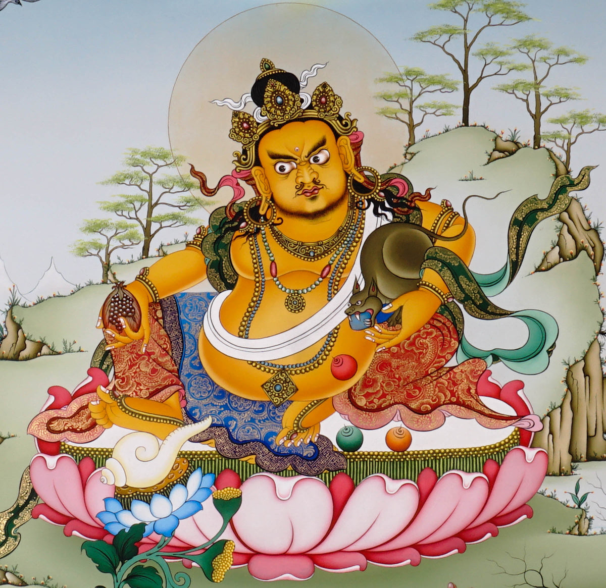 Hand-painted Yellow Dzambhala thangka showing Tibetan wealth deity seated on lotus throne holding mongoose and citron with gold detailing and Himalayan landscape background.