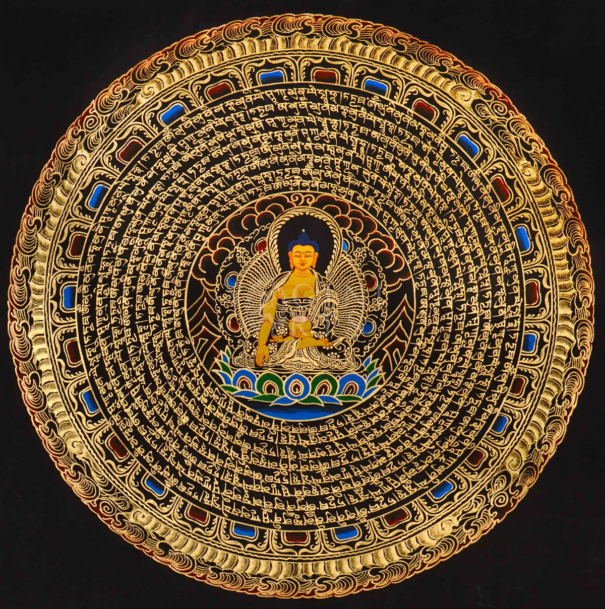 Shakyamuni Buddha mandala thangka featuring a central Buddha figure surrounded by circular Tibetan script and intricate gold detailing on a black background.