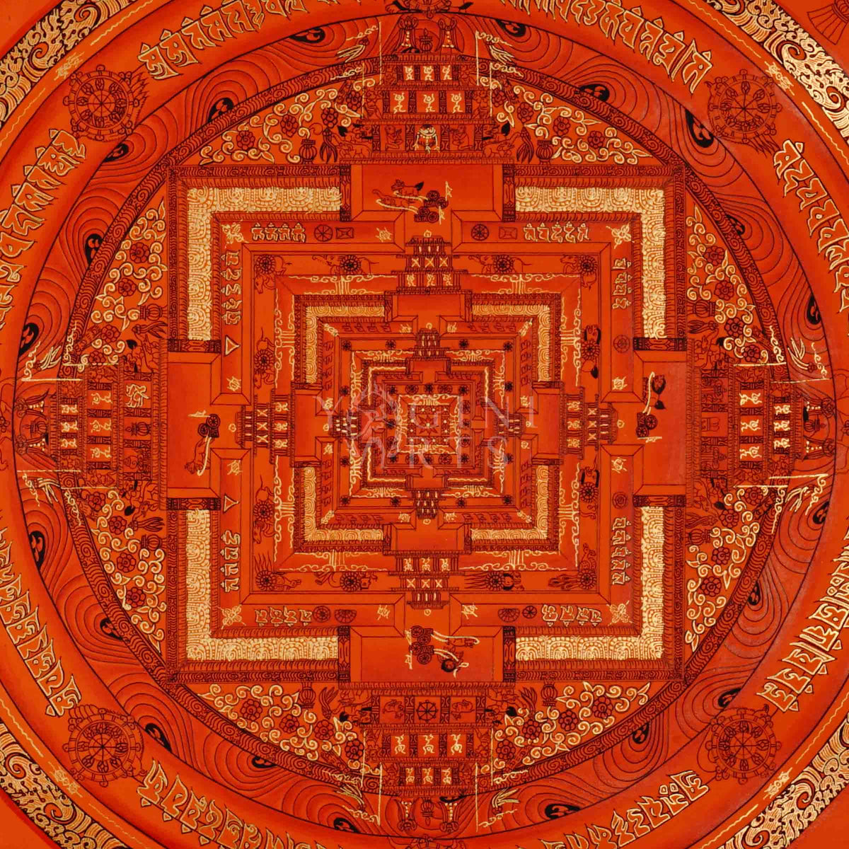 Hand painted orange Kalachakra Mandala thangka depicting Tibetan Wheel of Time sacred palace in monochromatic red tones