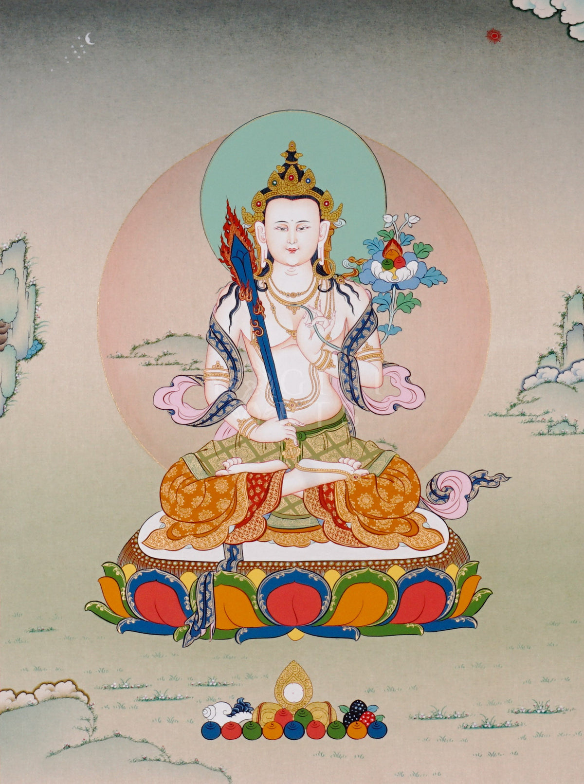 Akashagarbha bodhisattva thangka showing a peaceful seated figure holding a flaming sword, symbolizing wisdom and infinite space.