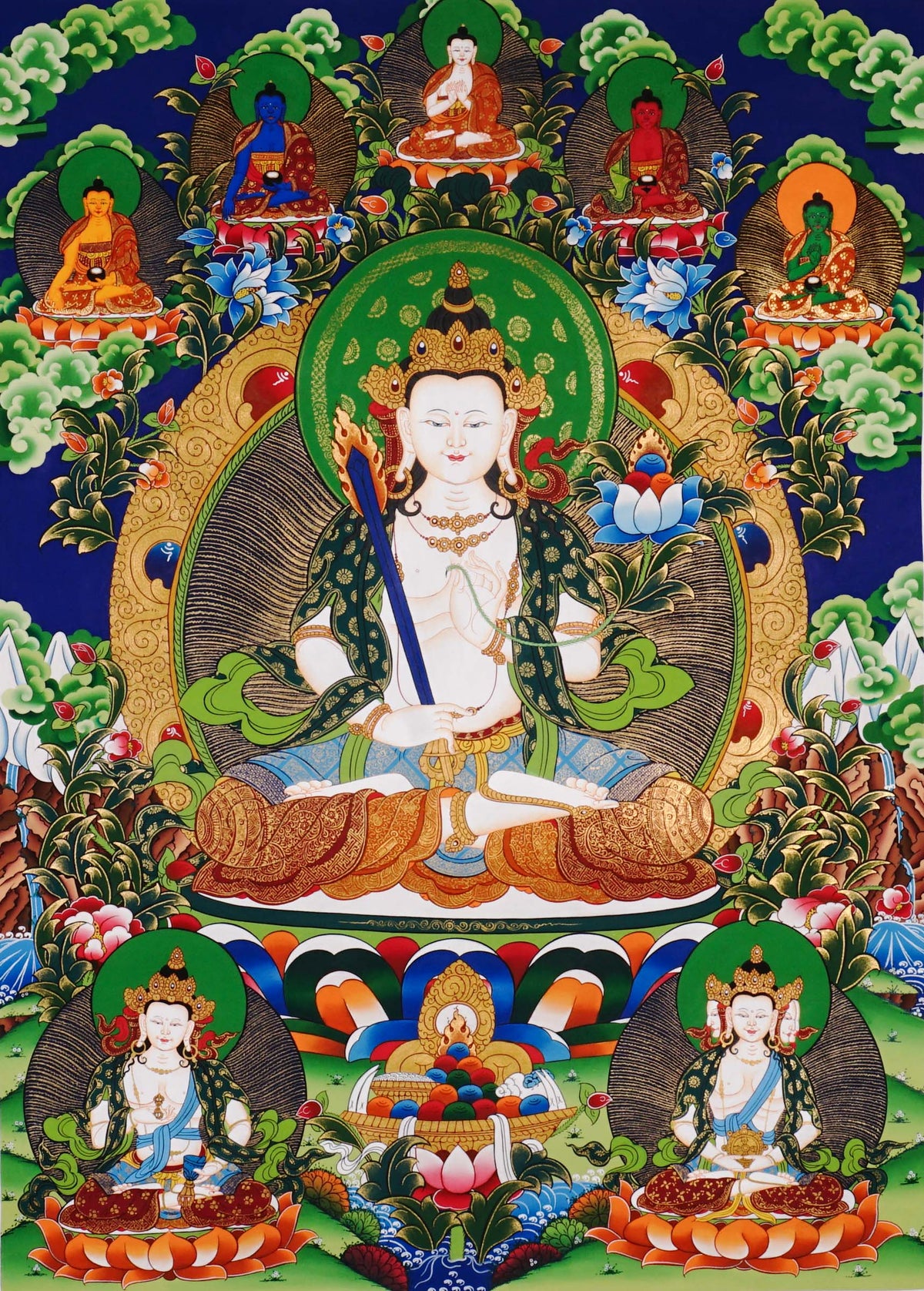 Hand-painted Akash Garva Tibetan thangka featuring the Buddhist wisdom bodhisattva seated on a lotus throne with sacred sword and celestial Buddhas