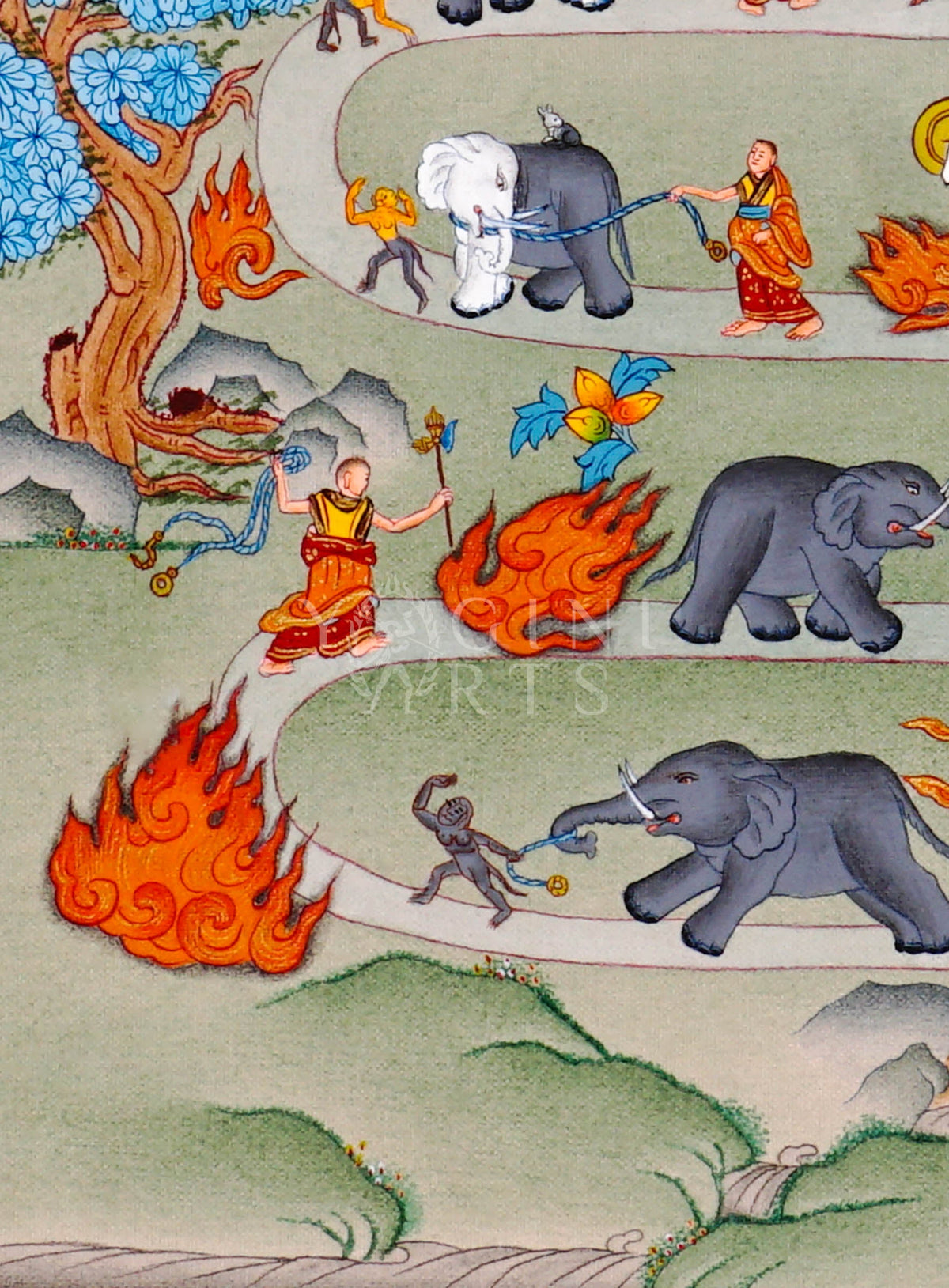 Way to Heaven thangka featuring monks guiding elephants along symbolic spiritual pathway