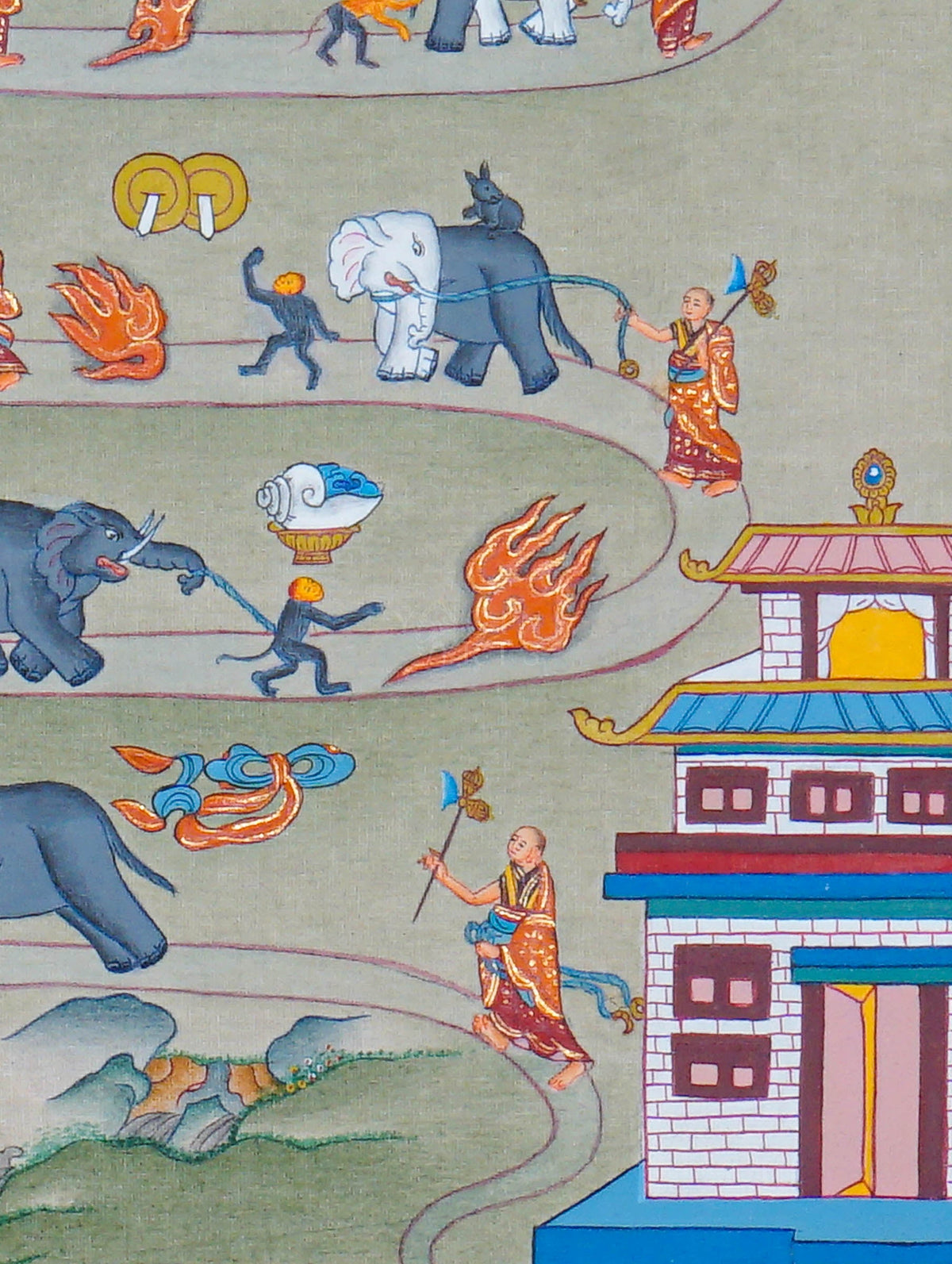 Way to Heaven Thangka painting featuring elephants, Buddhist monks, winding mountain paths, symbolic flames, and traditional Himalayan scenery, 30 x 23 cm