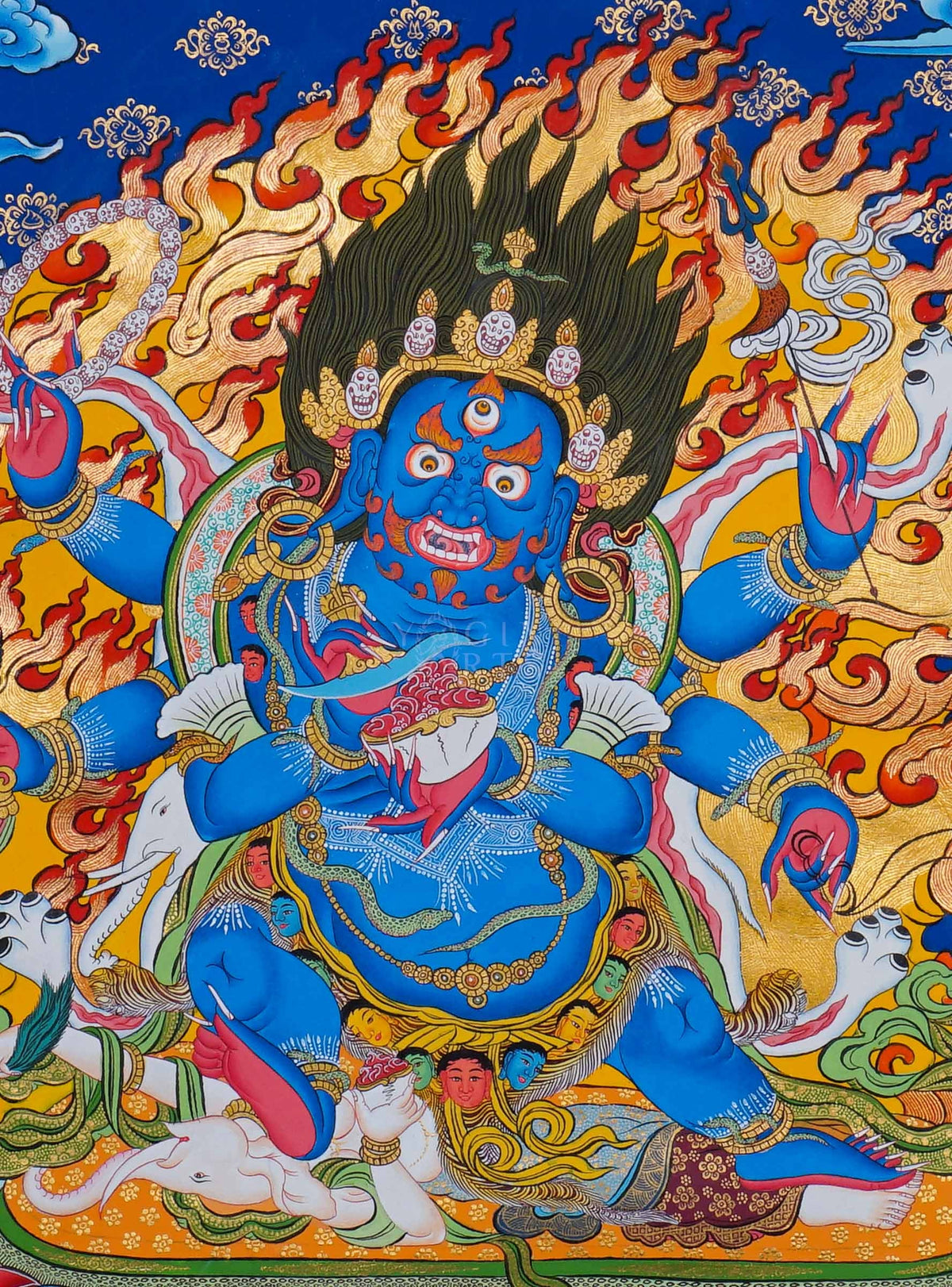 6 Hand Mahakala Thangka painting with flames and Tibetan Buddhist symbolism, traditional Nepalese Buddhist art