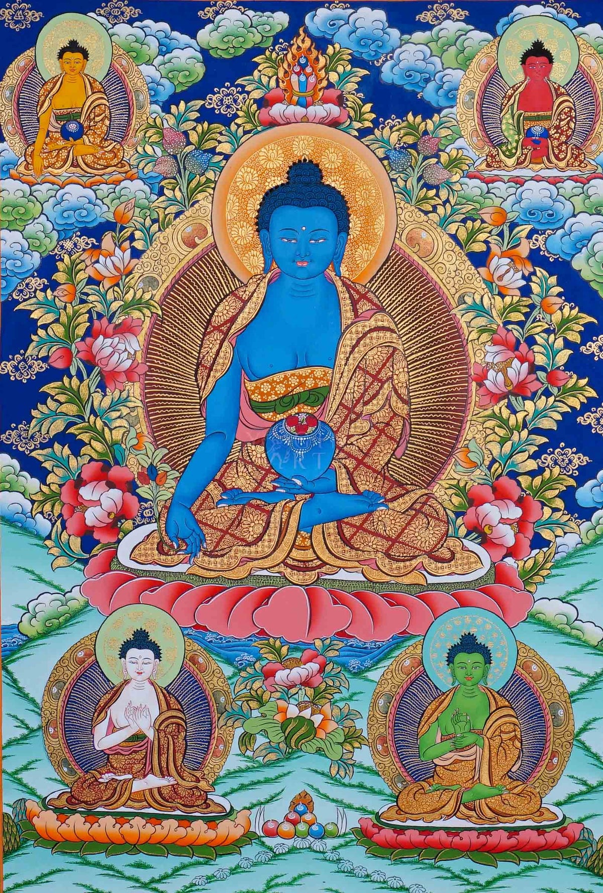 Medicine Buddha Thangka painting featuring blue Bhaisajyaguru with Buddhist figures, lotus flowers and traditional Himalayan Buddhist artwork from Nepal