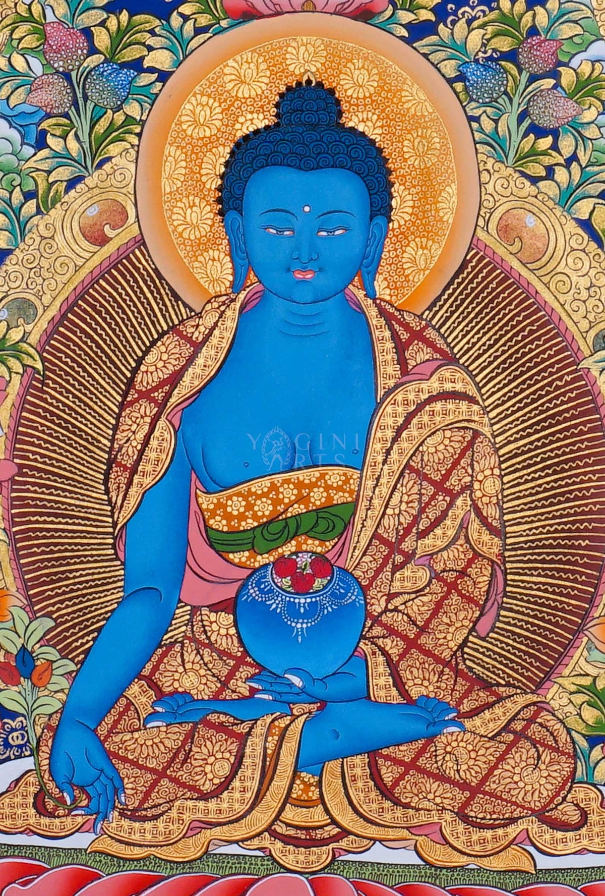 Medicine Buddha Thangka painting featuring blue Bhaisajyaguru with Buddhist figures, lotus flowers and traditional Himalayan Buddhist artwork from Nepal