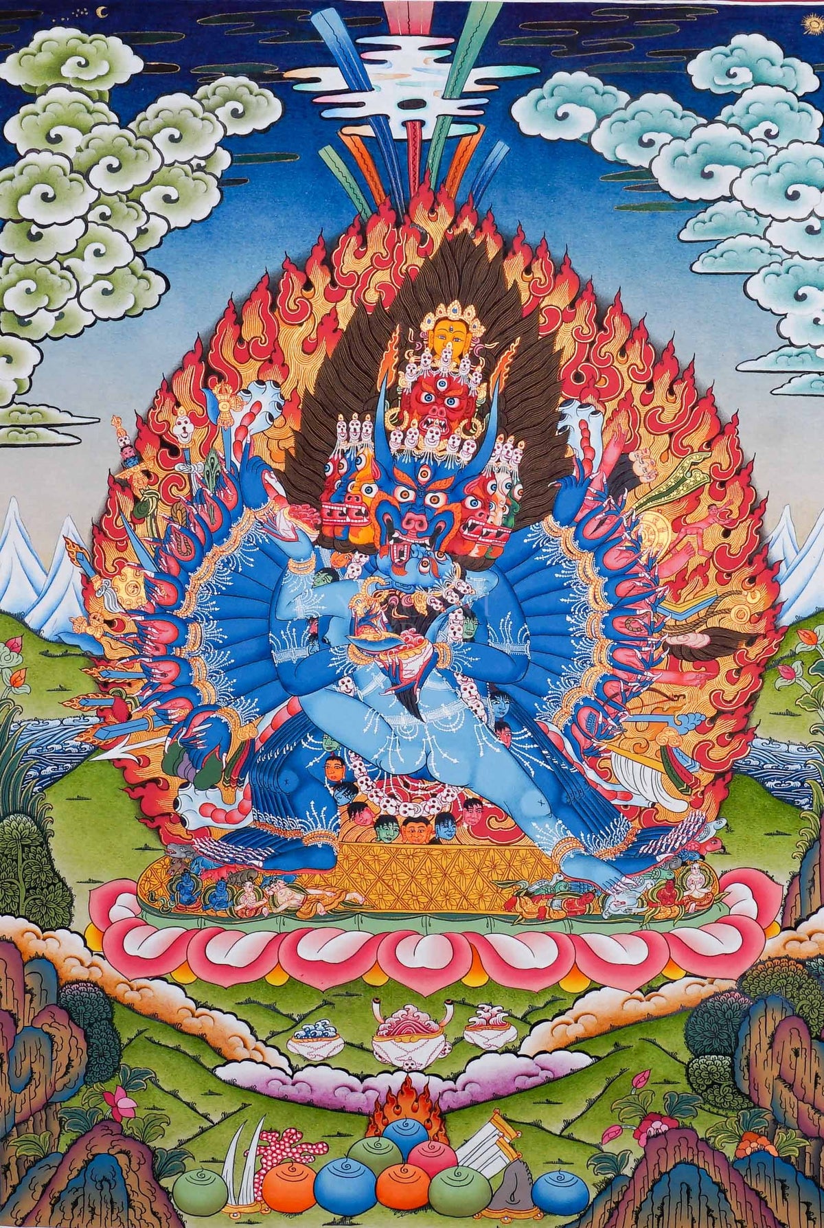Yamantaka Thangka painting depicting the wrathful Buddhist deity surrounded by flames, symbolic figures, lotus petals and Himalayan landscape in traditional Tibetan Buddhist art from Nepal