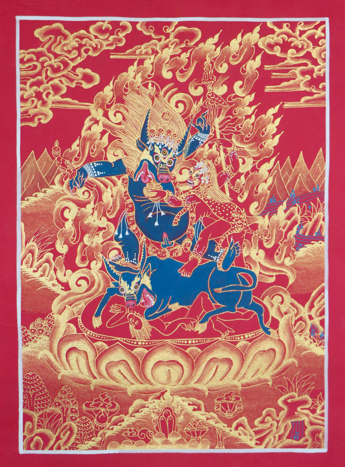 Yamantaka, a wrathful deity in Tibetan Buddhism, represents the destruction of death and ignorance. This genuine Tibetan thangka captures his fierce energy and is a powerful symbol of spiritual transformation.