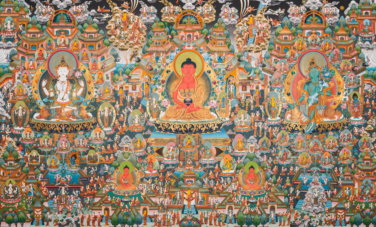 Tibetan Buddhist thangka painting of Amitābha Buddha seated at the center in meditation posture holding an alms bowl, flanked by Avalokiteśvara (Chenrezig) and Green Tārā, set within the celestial Pure Land of Sukhāvatī featuring ornate palace architecture, lotus thrones, countless bodhisattvas, disciples, offering goddesses, and devotees, intricately hand-painted in traditional Tibetan style using natural mineral pigments.