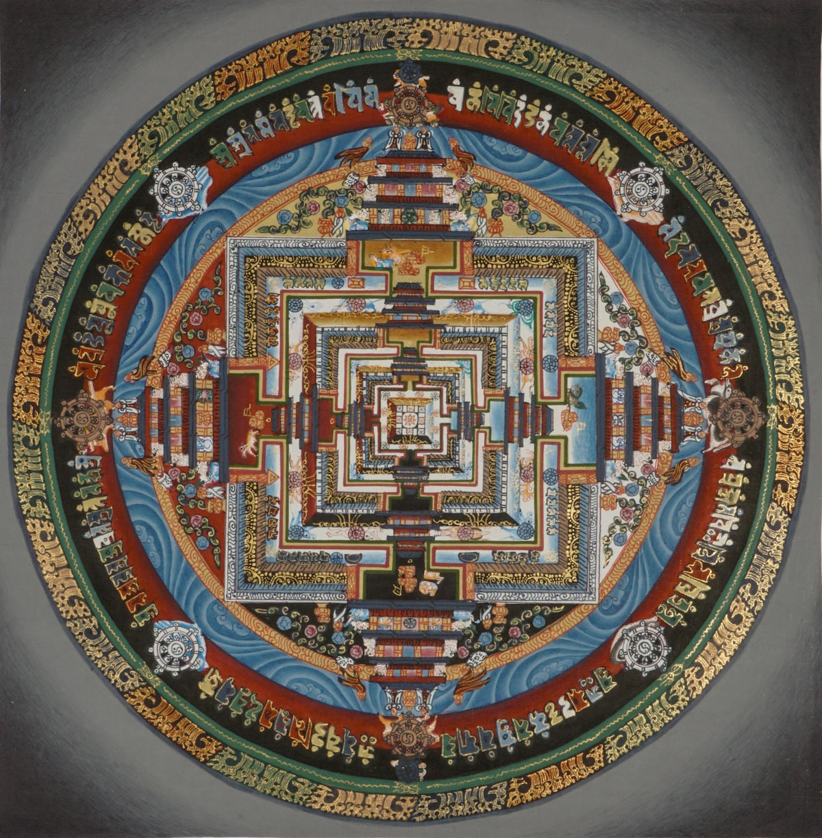 Kalachakra Mandala thangka depicting a circular mandala with a square inner palace, layered gateways, concentric rings, and Tibetan script on a gray background.