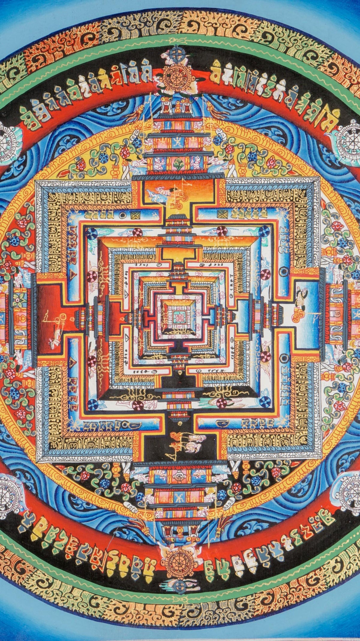 Kalachakra Mandala thangka showing a circular mandala with a square central palace, layered gateways, concentric rings of Tibetan script, and an orange-gold background.