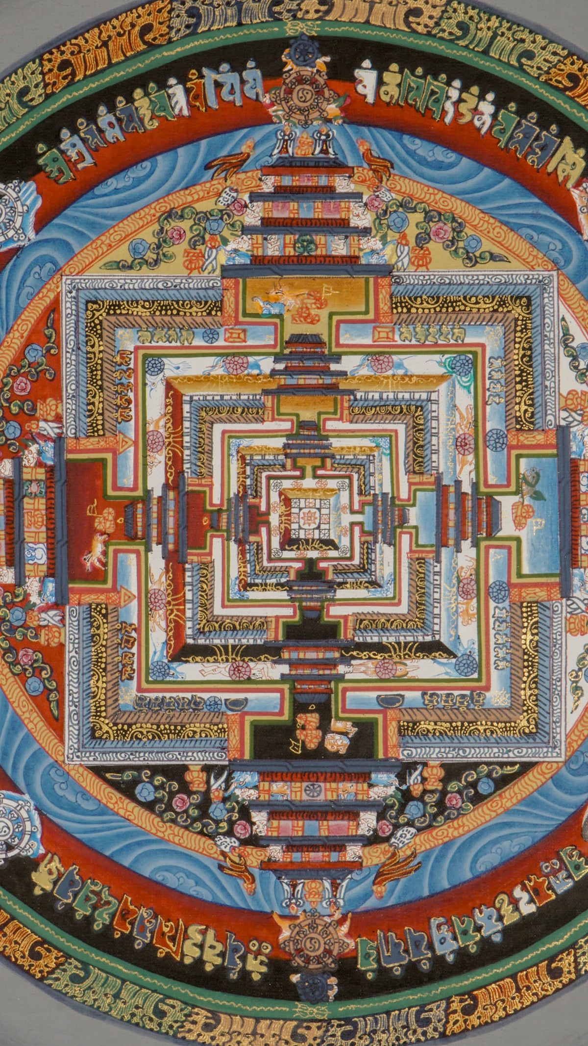 Kalachakra Mandala thangka depicting a circular mandala with a square inner palace, layered gateways, concentric rings, and Tibetan script on a gray background.