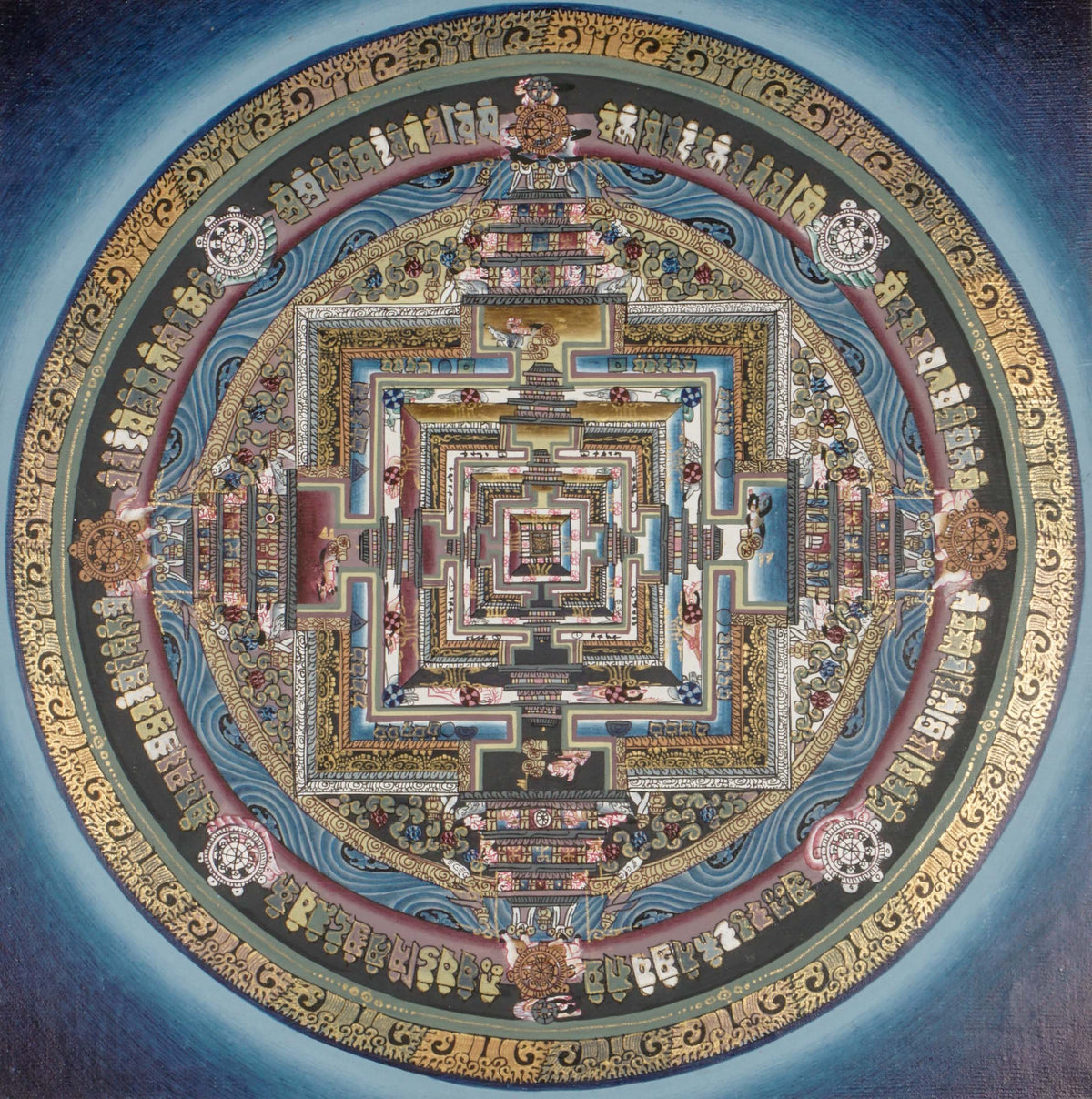 Kalachakra Mandala thangka depicting a concentric circular mandala with a square inner palace, multiple directional gateways, Tibetan script, and detailed architectural geometry.