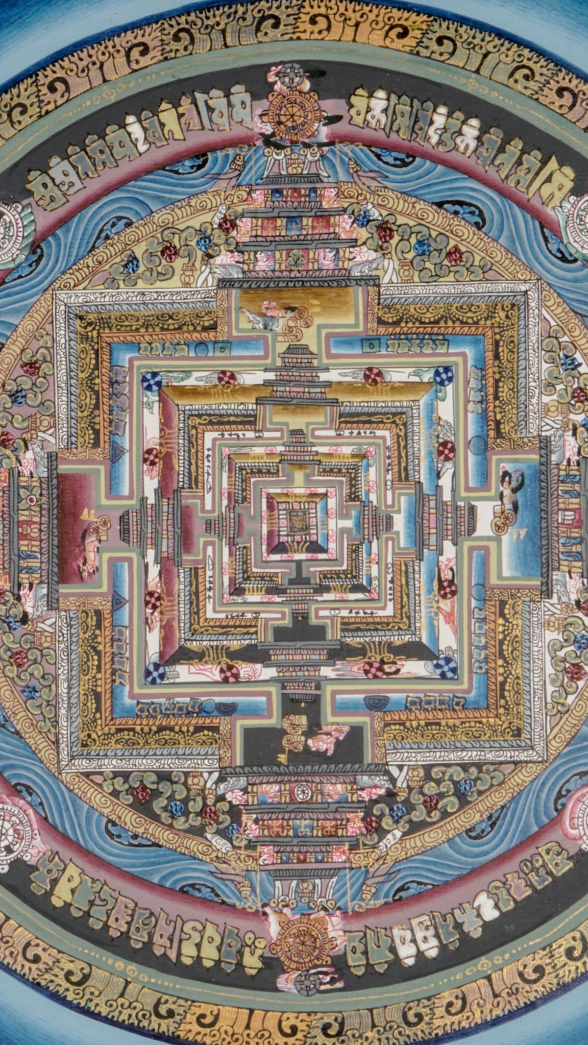Kalachakra Mandala thangka depicting a concentric circular mandala with a square inner palace, multiple directional gateways, Tibetan script, and detailed architectural geometry.