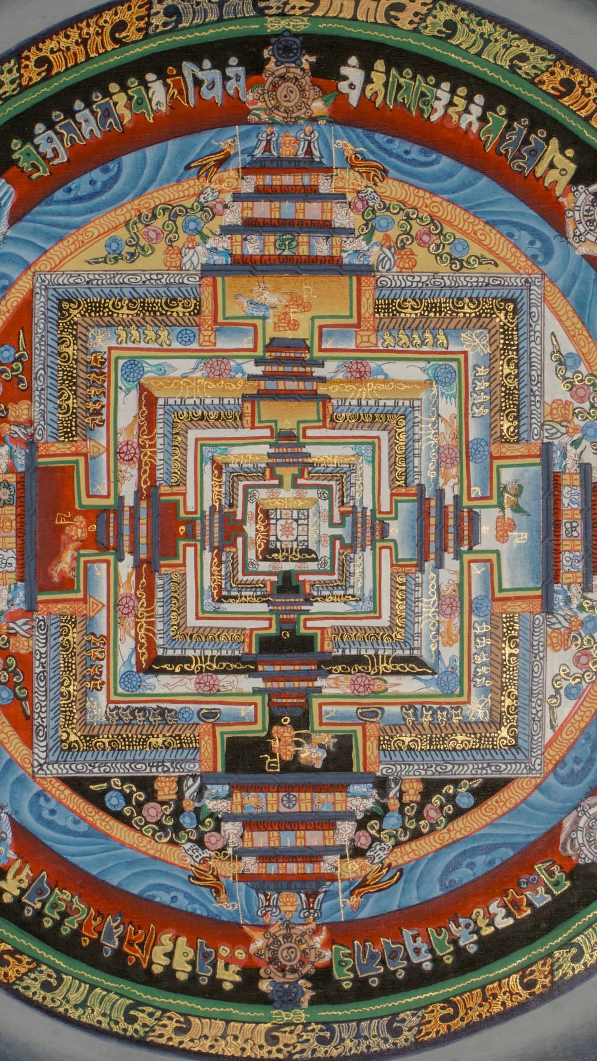 Kalachakra Mandala thangka depicting a sacred geometric palace with concentric circles, square inner sanctum, directional gateways, and Tibetan script representing the Wheel of Time.