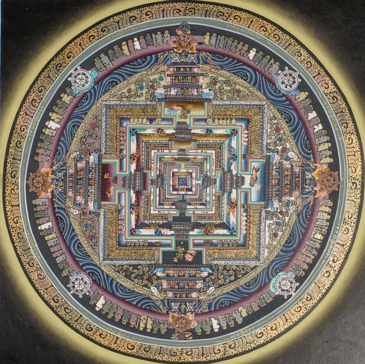 Kalachakra Mandala thangka depicting a sacred geometric palace with concentric circles, directional gates, intricate architectural layers, and symbolic deities, painted in traditional Tibetan style.