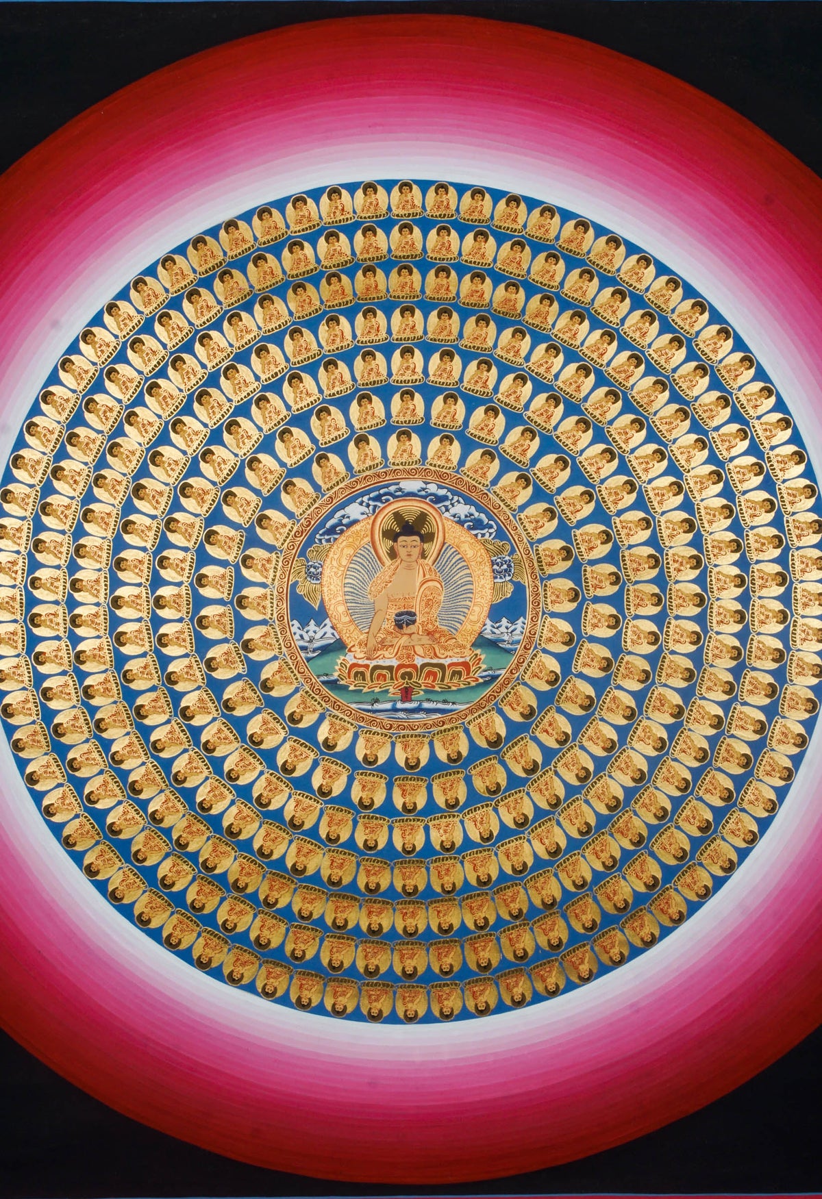 Hand-painted Tibetan 108 Buddha Mandala Thangka featuring concentric circles of 108 enlightened Buddhas surrounding a central Buddha figure, symbolizing compassion, purification, and boundless merit in Vajrayana Buddhism, rendered in vibrant gold, blue, and red tones.