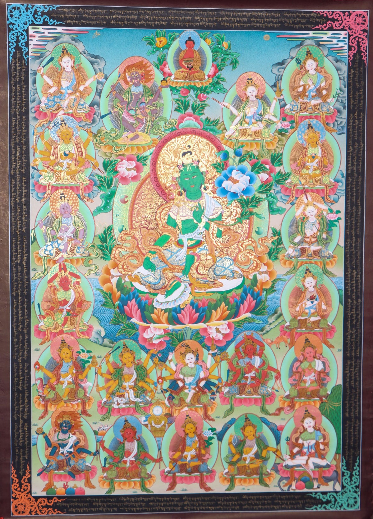 This 21 Tara Thangka is a genuine hand-painted masterpiece that honors the 21 forms of Tara, the compassionate female Bodhisattva known for protection and swift assistance. Rich in spiritual symbolism and crafted with traditional pigments, it serves as a powerful aid for meditation, mantra recitation, and deep devotional practice.