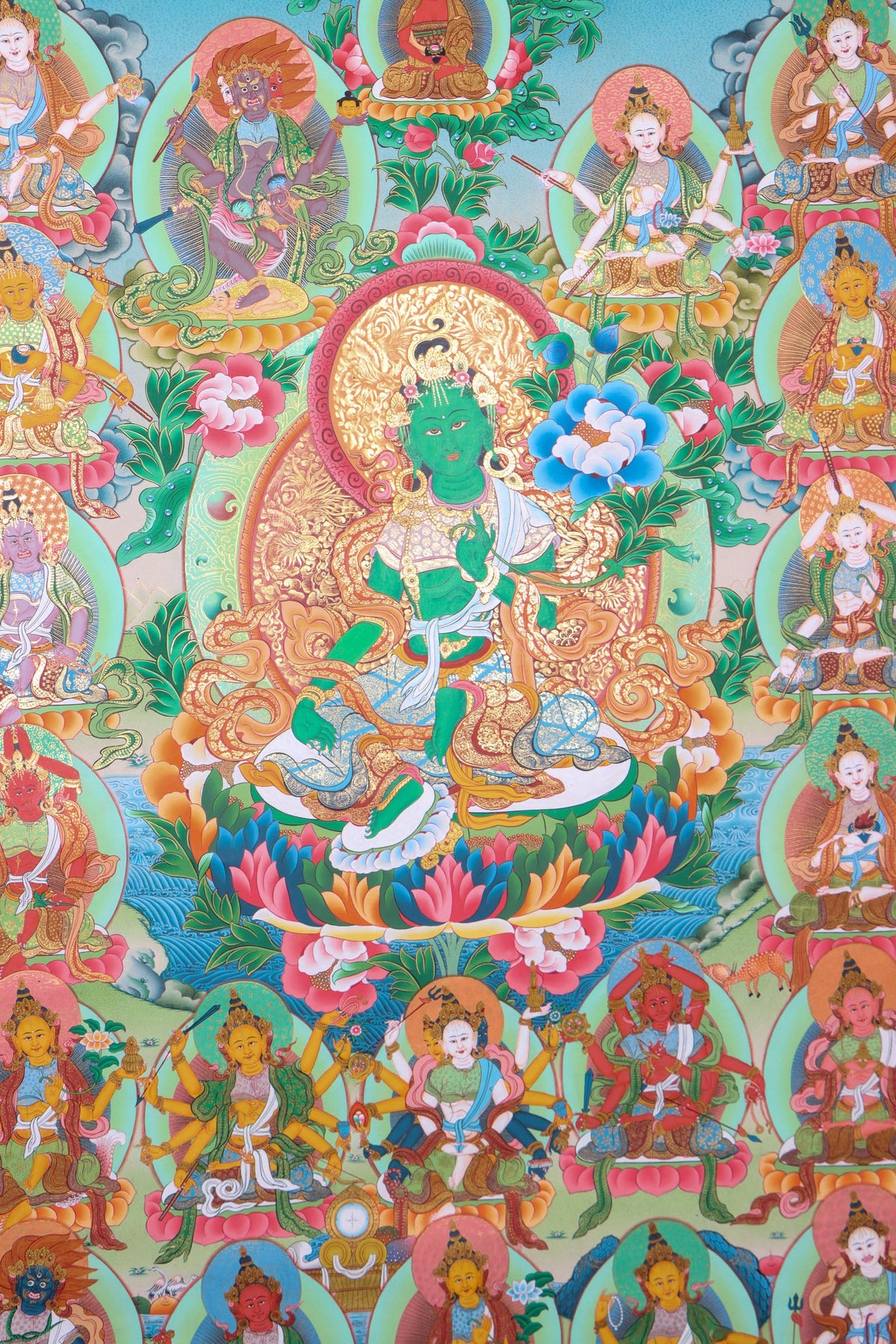 This 21 Tara Thangka is a genuine hand-painted masterpiece that honors the 21 forms of Tara, the compassionate female Bodhisattva known for protection and swift assistance. Rich in spiritual symbolism and crafted with traditional pigments, it serves as a powerful aid for meditation, mantra recitation, and deep devotional practice.