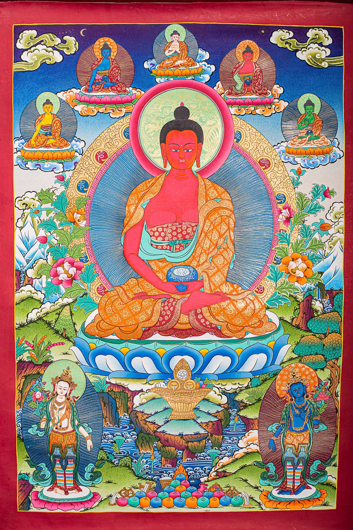 This genuine Tibetan Thangka of Amitabha Buddha symbolizes infinite light and life, guiding Pure Land practitioners toward enlightenment and liberation. Hand-painted with natural mineral pigments, it radiates peace and spiritual depth, perfect for any Buddhist altar or meditation space.