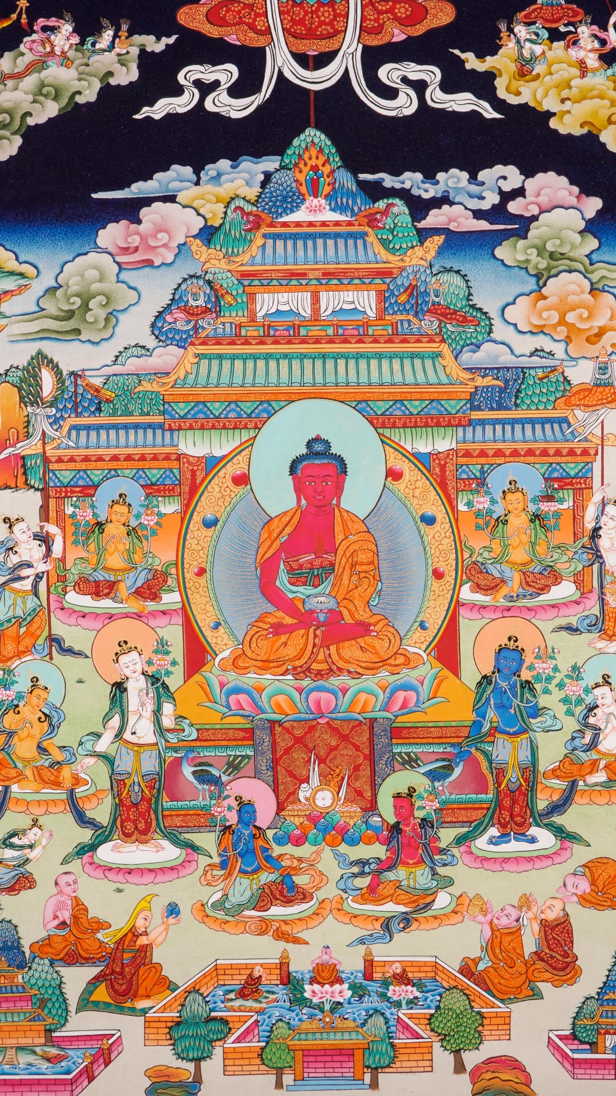 Hand-painted Tibetan Amitabha Pure Land Thangka depicting Amitabha Buddha seated on a lotus throne within a multi-tiered celestial stone temple, surrounded by bodhisattvas, attendants, and devotees, symbolizing the Western Pure Land (Sukhavati) in Mahayana Buddhism.