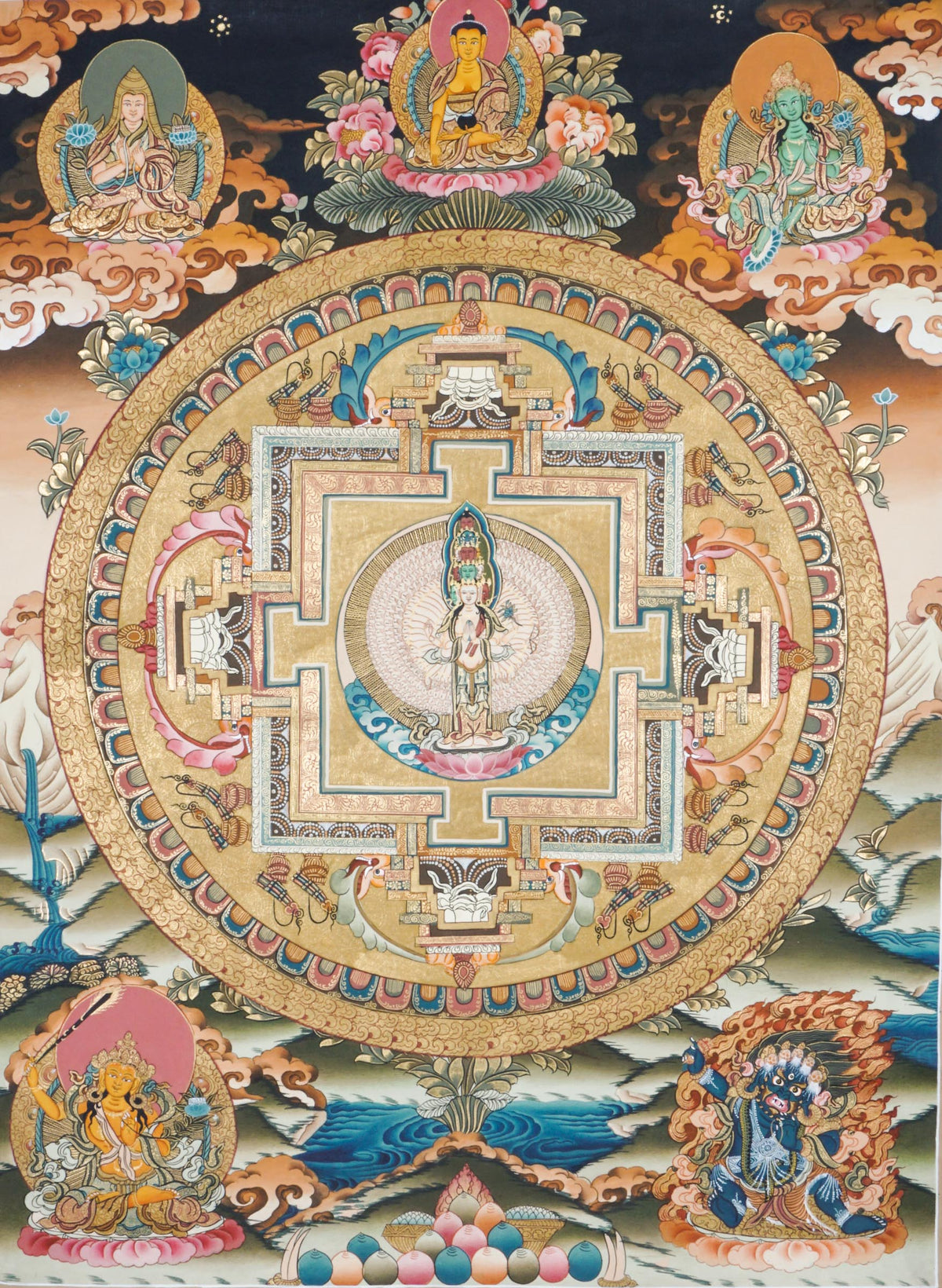 Avalokiteshvara Mandala Tibetan Thangka painting featuring the Bodhisattva of Compassion at the center, surrounded by a sacred geometric mandala, deities, lotus motifs, clouds, and symbolic Himalayan Buddhist iconography. Traditional hand-painted Buddhist mandala art with natural mineral pigments, ideal for meditation, spiritual practice, altar decor, and sacred wall hanging.
