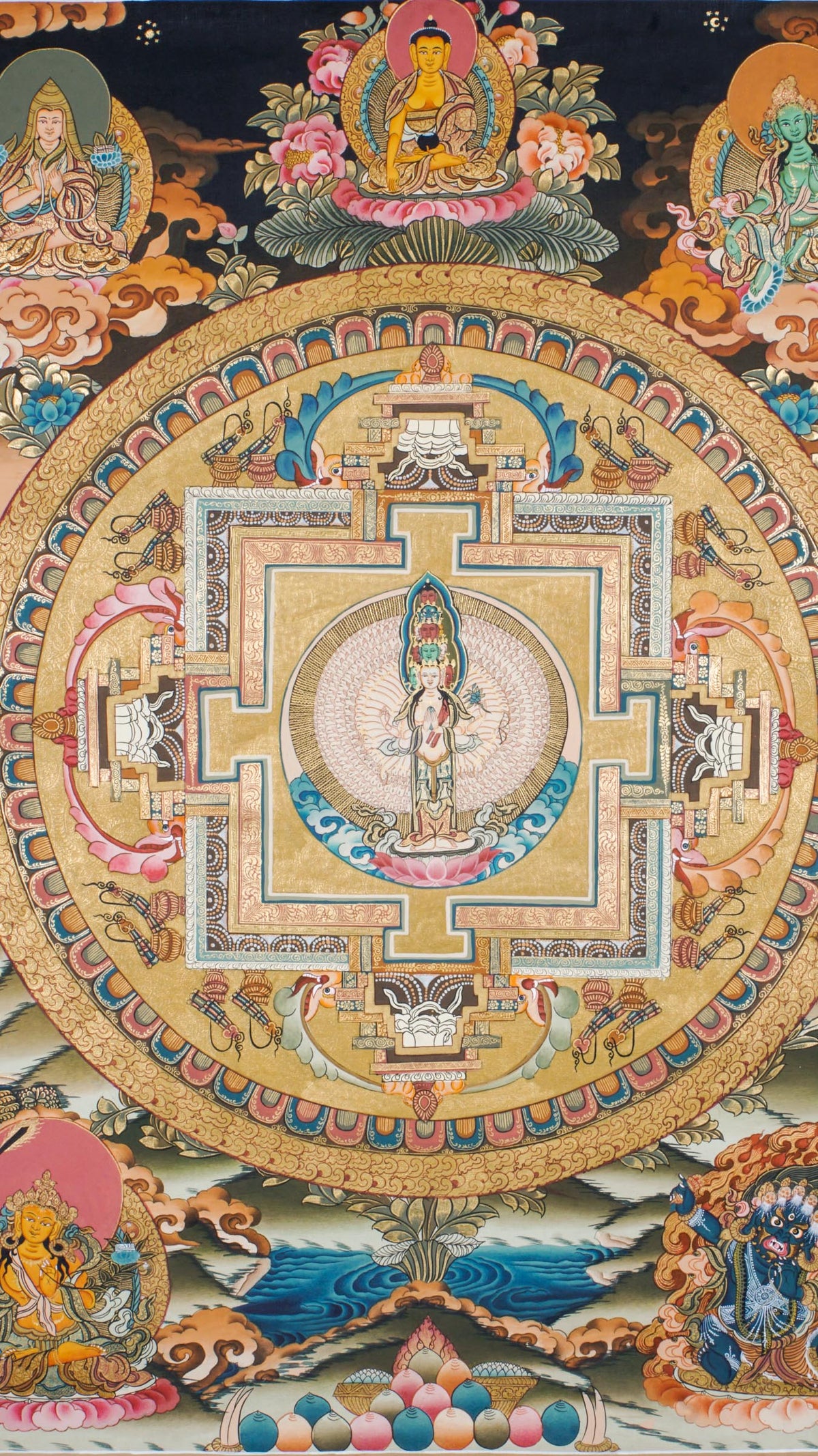 Avalokiteshvara Mandala Tibetan Thangka painting featuring the Bodhisattva of Compassion at the center, surrounded by a sacred geometric mandala, deities, lotus motifs, clouds, and symbolic Himalayan Buddhist iconography. Traditional hand-painted Buddhist mandala art with natural mineral pigments, ideal for meditation, spiritual practice, altar decor, and sacred wall hanging.