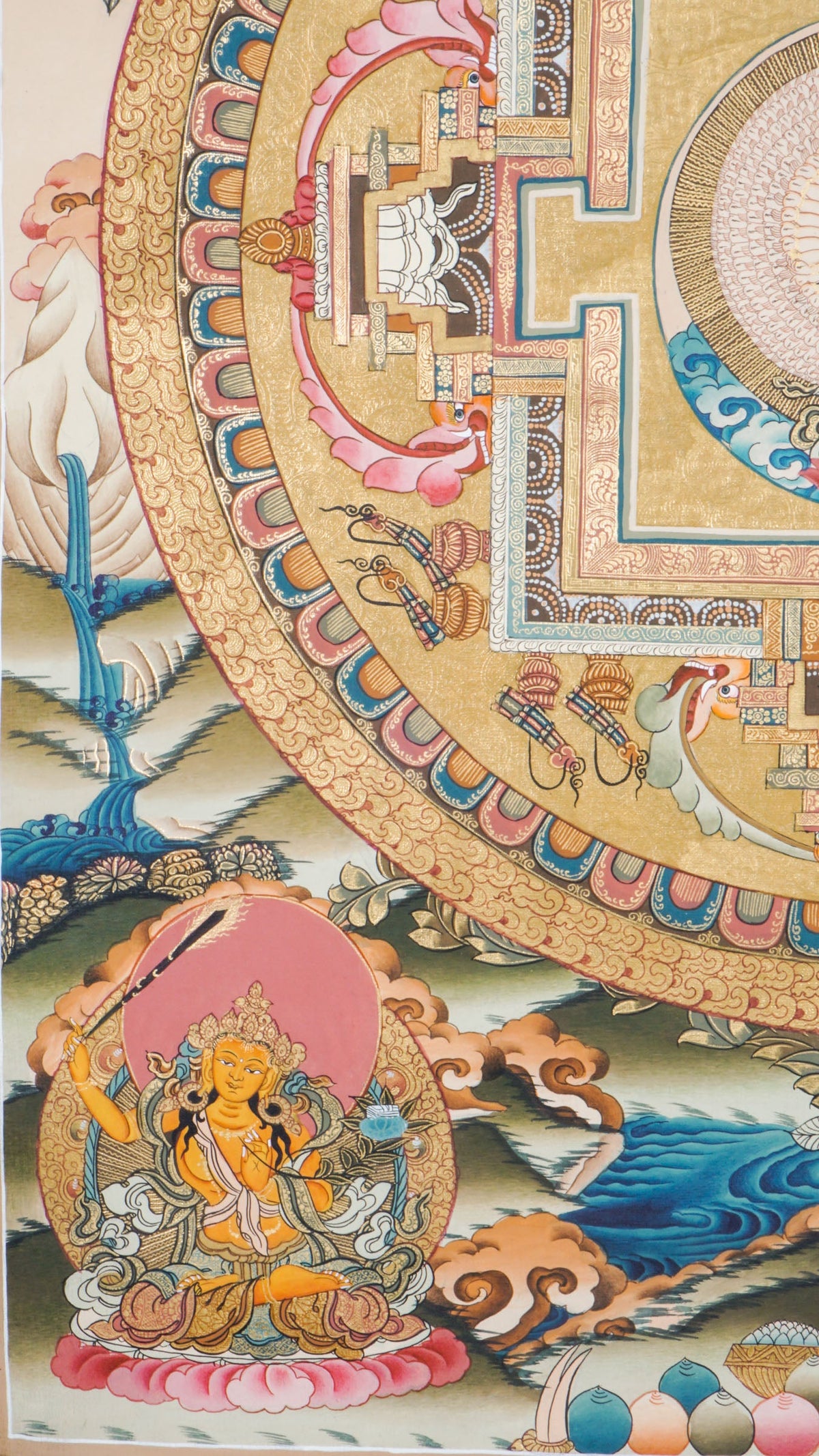 Avalokiteshvara Mandala Tibetan Thangka painting featuring the Bodhisattva of Compassion at the center, surrounded by a sacred geometric mandala, deities, lotus motifs, clouds, and symbolic Himalayan Buddhist iconography. Traditional hand-painted Buddhist mandala art with natural mineral pigments, ideal for meditation, spiritual practice, altar decor, and sacred wall hanging.