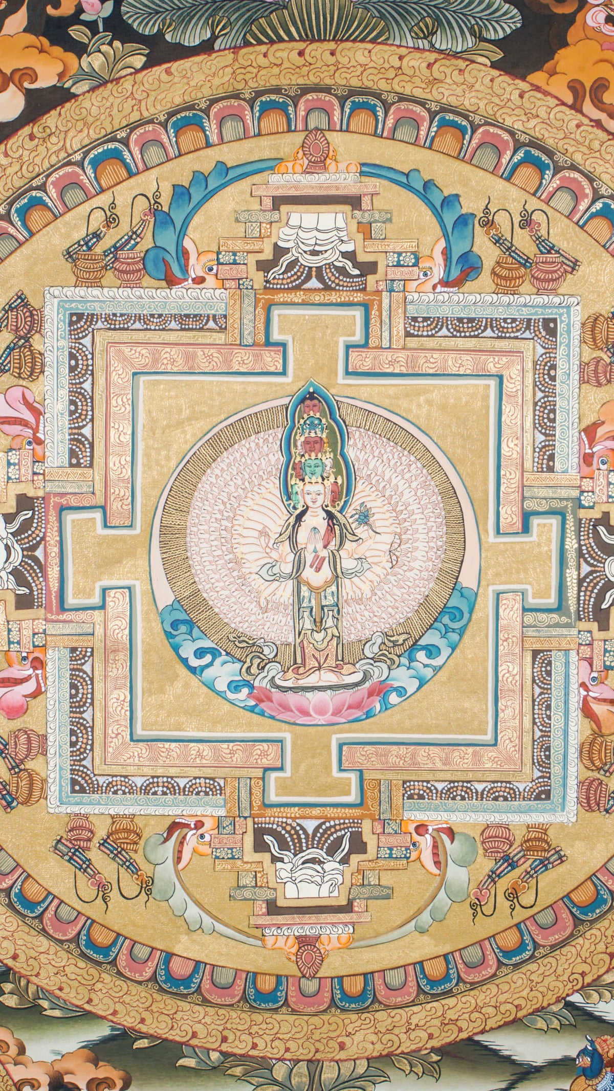 Avalokiteshvara Mandala Tibetan Thangka painting featuring the Bodhisattva of Compassion at the center, surrounded by a sacred geometric mandala, deities, lotus motifs, clouds, and symbolic Himalayan Buddhist iconography. Traditional hand-painted Buddhist mandala art with natural mineral pigments, ideal for meditation, spiritual practice, altar decor, and sacred wall hanging.