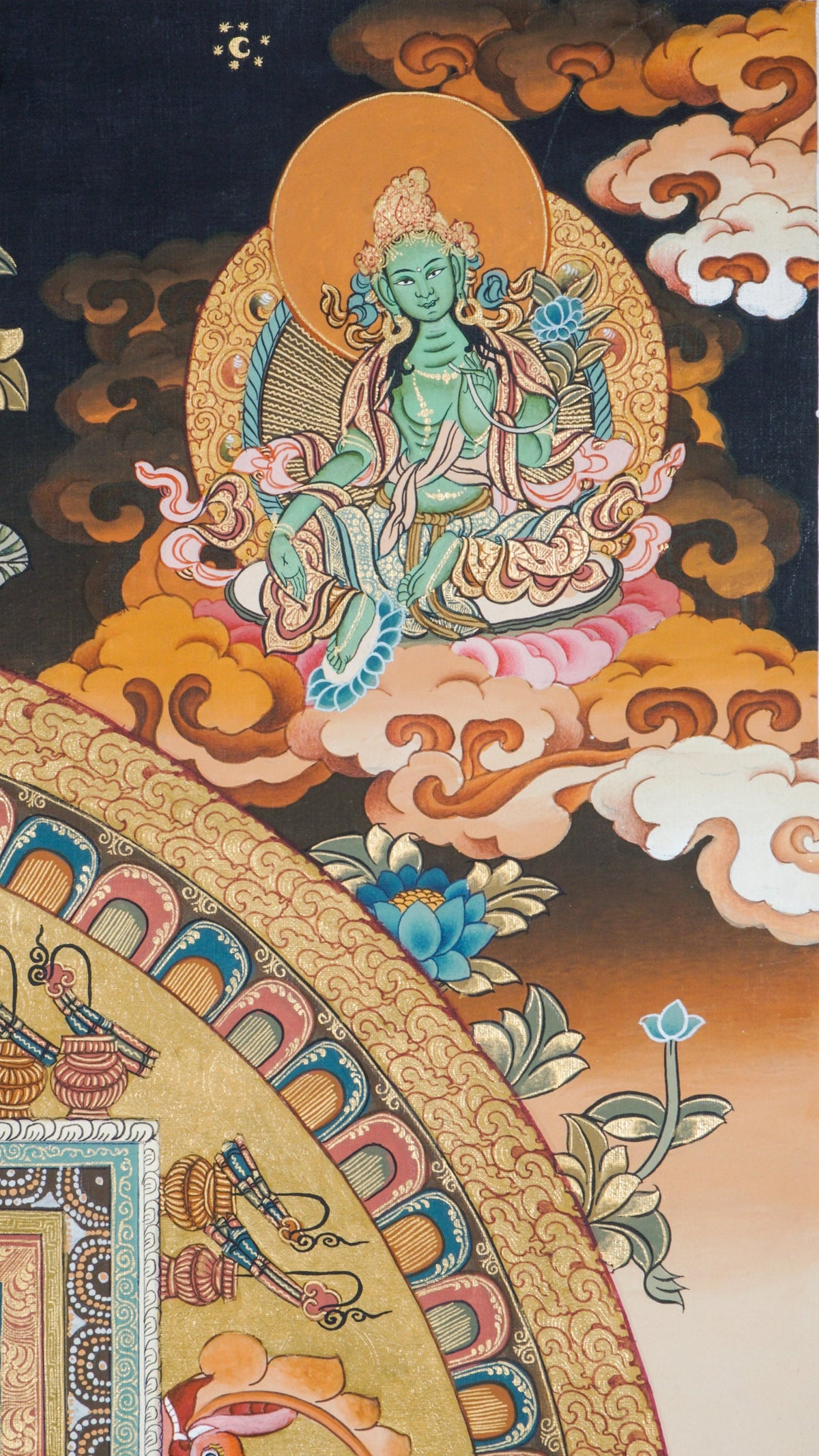 Avalokiteshvara Mandala Tibetan Thangka painting featuring the Bodhisattva of Compassion at the center, surrounded by a sacred geometric mandala, deities, lotus motifs, clouds, and symbolic Himalayan Buddhist iconography. Traditional hand-painted Buddhist mandala art with natural mineral pigments, ideal for meditation, spiritual practice, altar decor, and sacred wall hanging.
