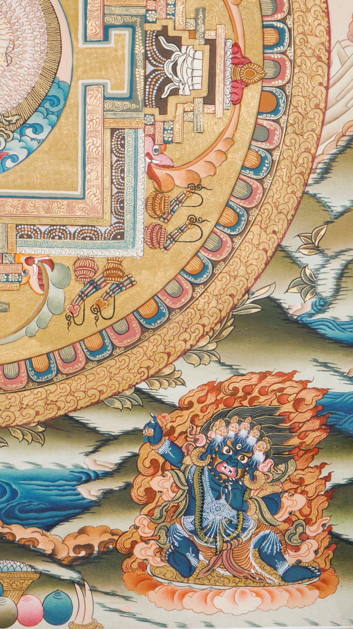 Avalokiteshvara Mandala Tibetan Thangka painting featuring the Bodhisattva of Compassion at the center, surrounded by a sacred geometric mandala, deities, lotus motifs, clouds, and symbolic Himalayan Buddhist iconography. Traditional hand-painted Buddhist mandala art with natural mineral pigments, ideal for meditation, spiritual practice, altar decor, and sacred wall hanging.