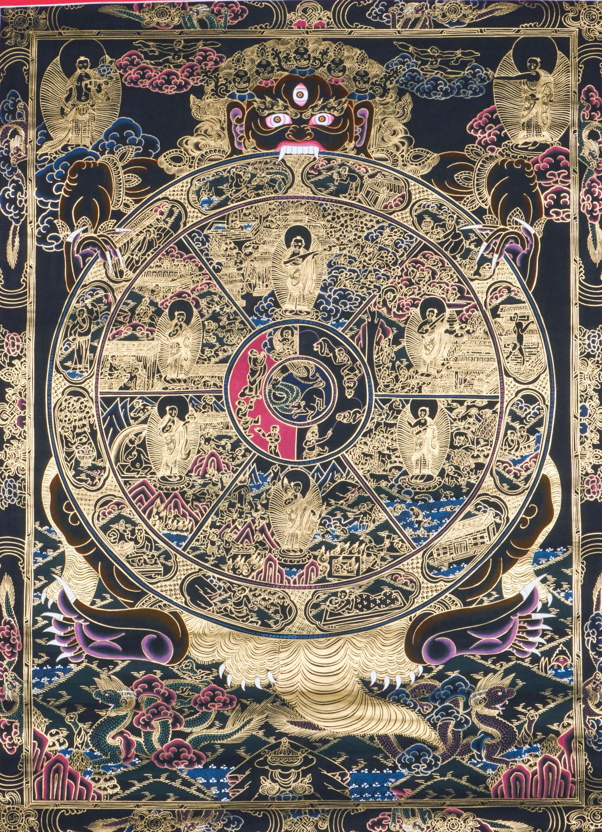 Thangka painting featuring a large circular wheel divided into multiple sections with numerous small human and animal figures, held by a large dark figure with outstretched arms, set against a dark background with gold linework and decorative clouds and patterns.