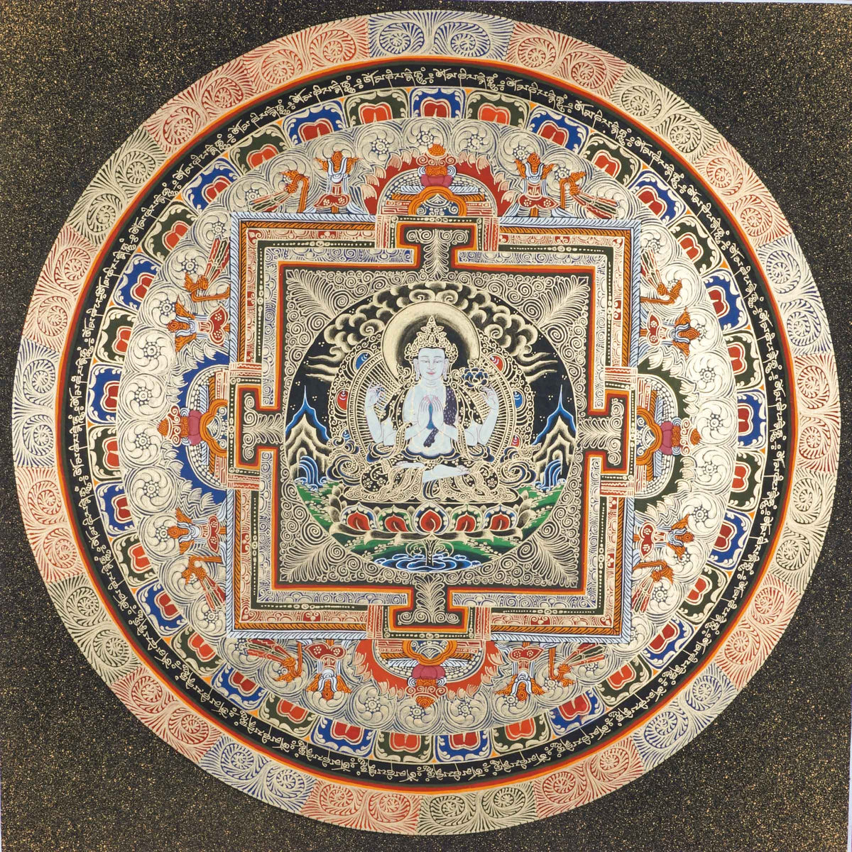A beautifully hand-painted artwork of Round Mandala with Chengresi figure at the heart symbolizing of supreme wisdom and insight.