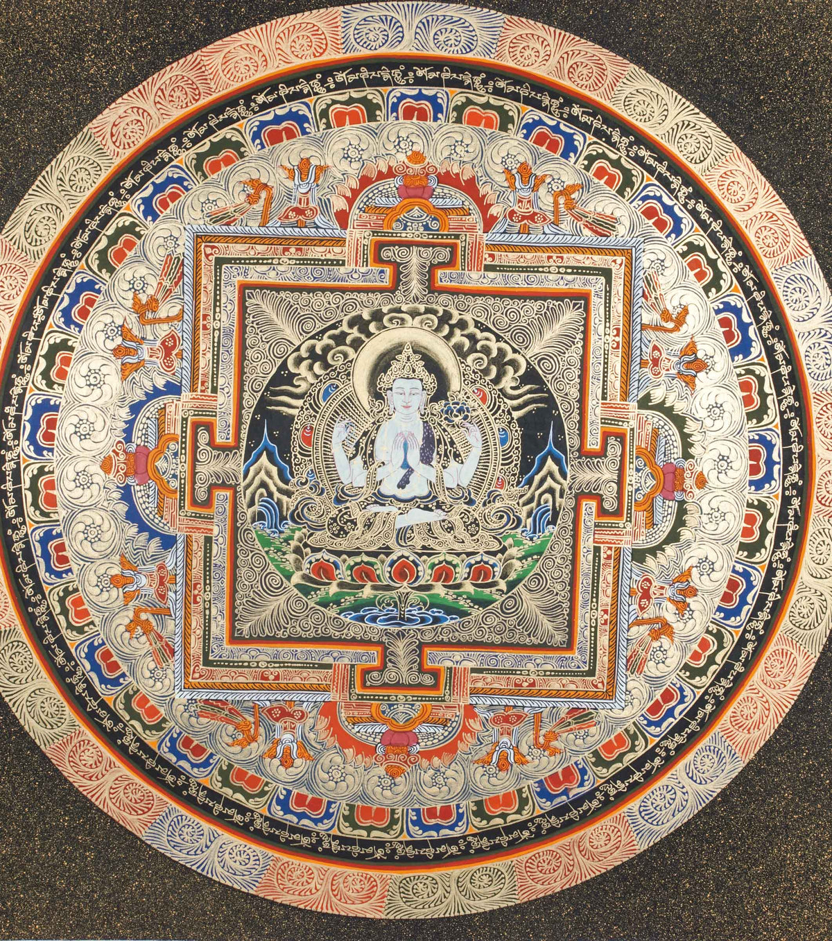 A beautifully hand-painted artwork of Round Mandala with Chengresi figure at the heart symbolizing of supreme wisdom and insight.