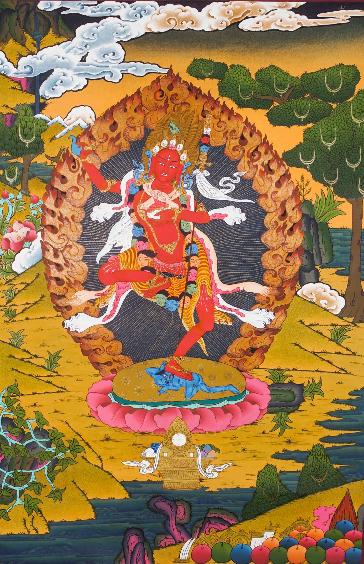 Hand-painted Dorje Phagmo (Vajravarahi) Tibetan Thangka painting depicting the fierce dakini deity in a ring of flames, sacred Himalayan Buddhist art used for Vajrayana practice, meditation, altar display, and spiritual wall decor.