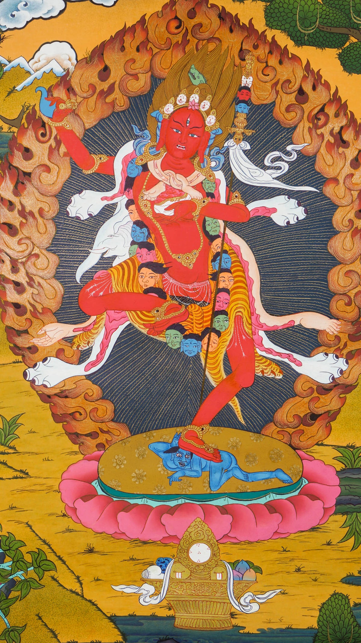 Hand-painted Dorje Phagmo (Vajravarahi) Tibetan Thangka painting depicting the fierce dakini deity in a ring of flames, sacred Himalayan Buddhist art used for Vajrayana practice, meditation, altar display, and spiritual wall decor.