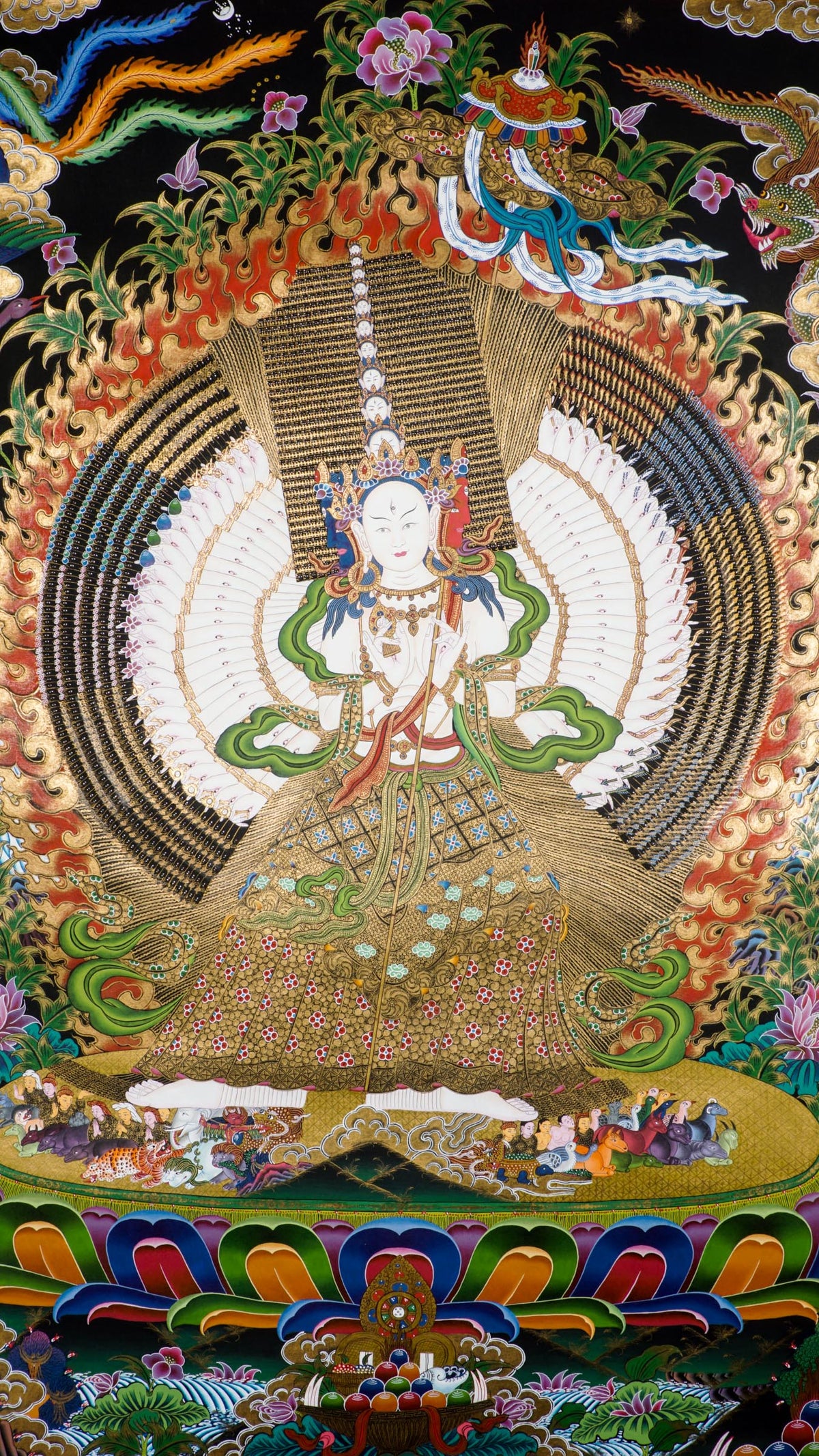 Hand-painted Dhukkar Tibetan Thangka depicting the thousand-headed, thousand-armed Bodhisattva of Infinite Compassion, with eyes in every palm symbolizing all-seeing wisdom, sacred Himalayan Buddhist artwork for Vajrayana meditation, altar display, and spiritual wall decor.