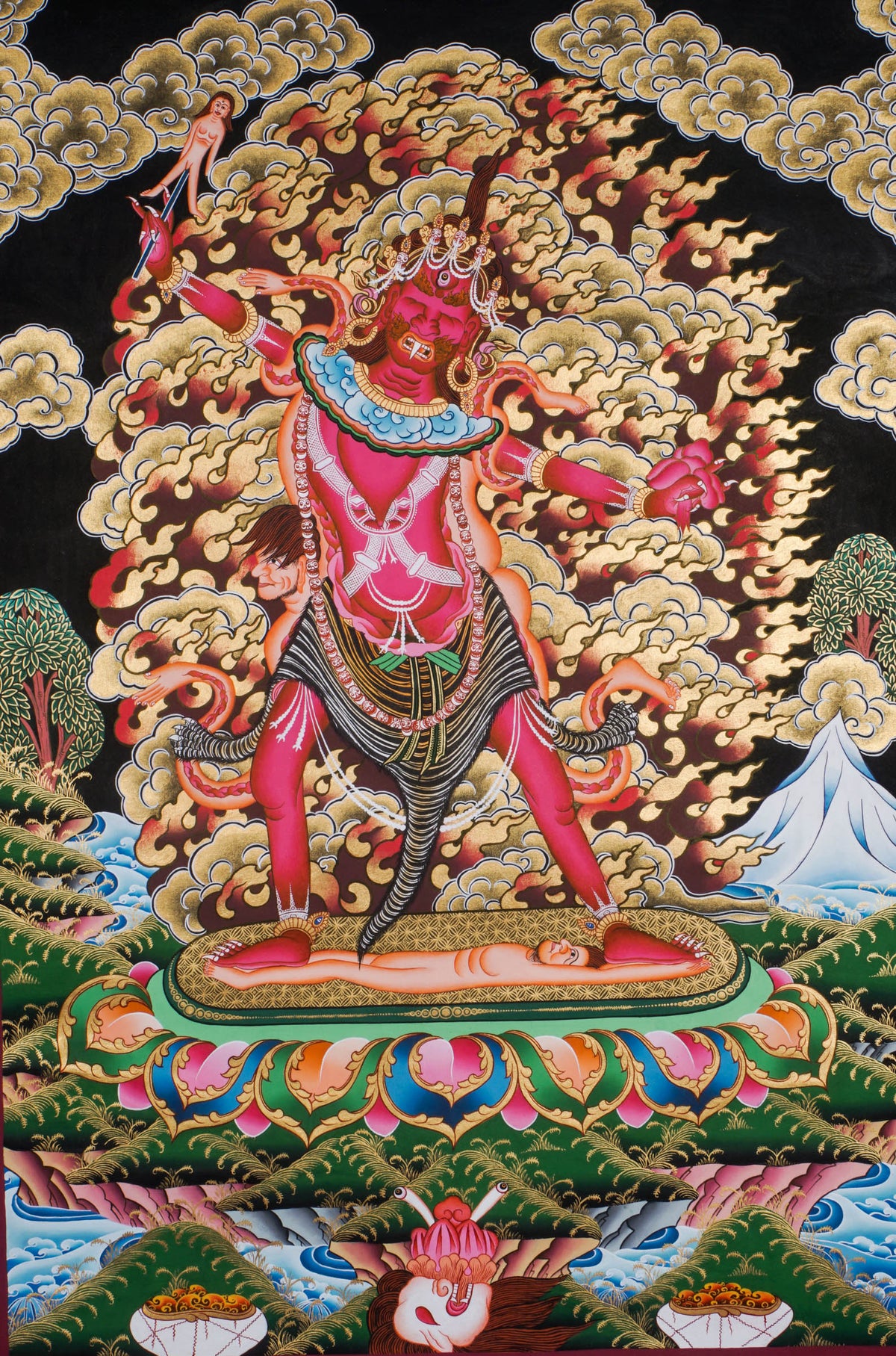 Hand-painted Ekajati Thangka painting depicting the fierce Tibetan Buddhist protector deity with one eye and single braid, rich in symbolic detail, sacred Himalayan art ideal for meditation rooms, tantric practice, and spiritual wall decor.