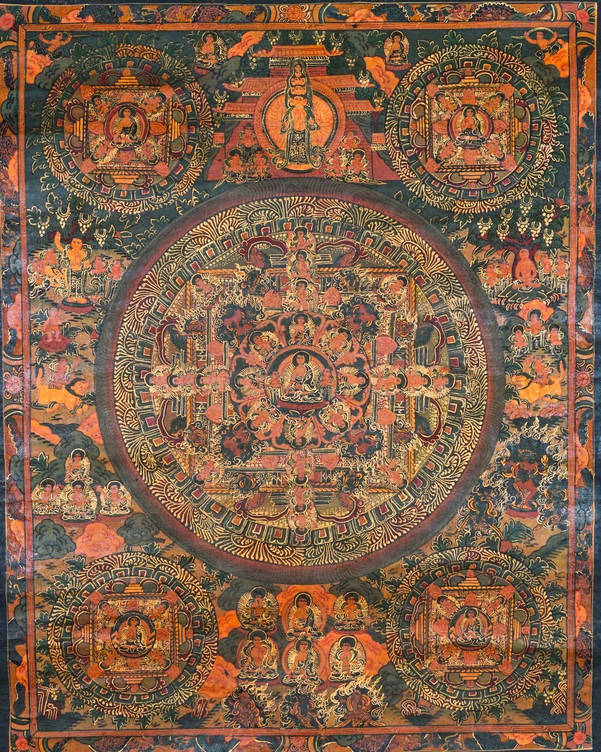 Buddha Mandala Thangka - a sacred hand-painted artwork representing the Buddha and Bodhisattvas in geometrical pattern