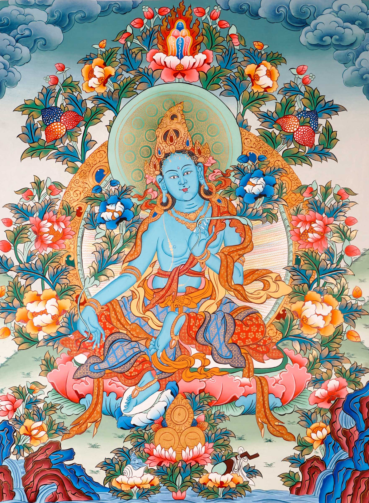 Tibetan thangka of Green Tara in a blue-green form seated in lalitasana on a golden lotus throne, holding a lotus and showing the varada mudra, surrounded by flowers and a peaceful background.