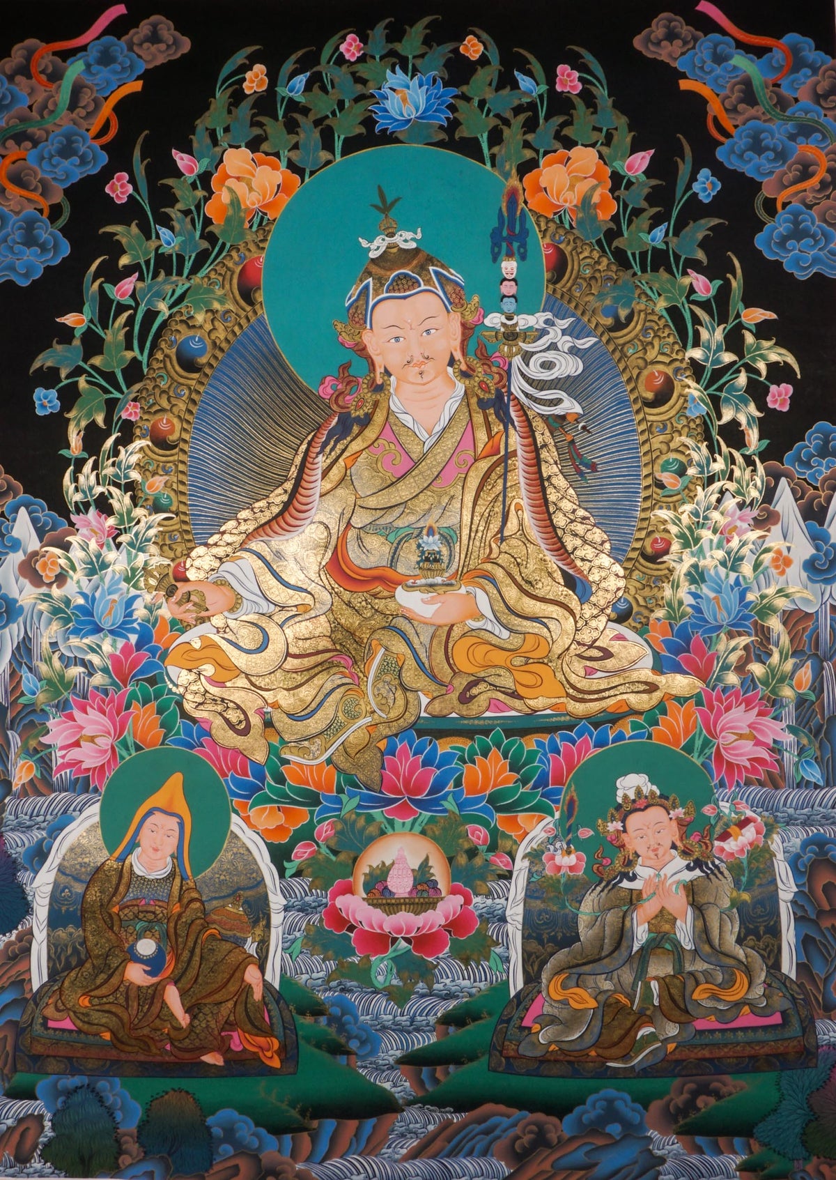 Tibetan Guru thangka depicting an enlightened spiritual master in authoritative posture, adorned with sacred attributes and set against a celestial background, hand-painted in Nepal