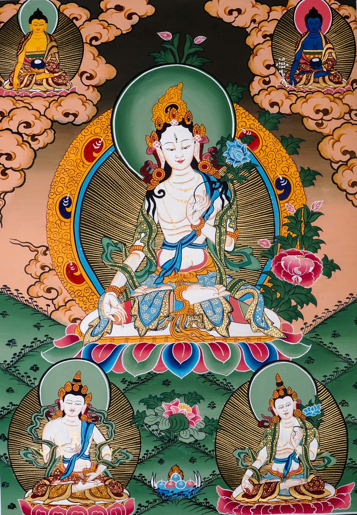 Beautiful artwork of White Tara Thangka representing bodhisattva of compassion.