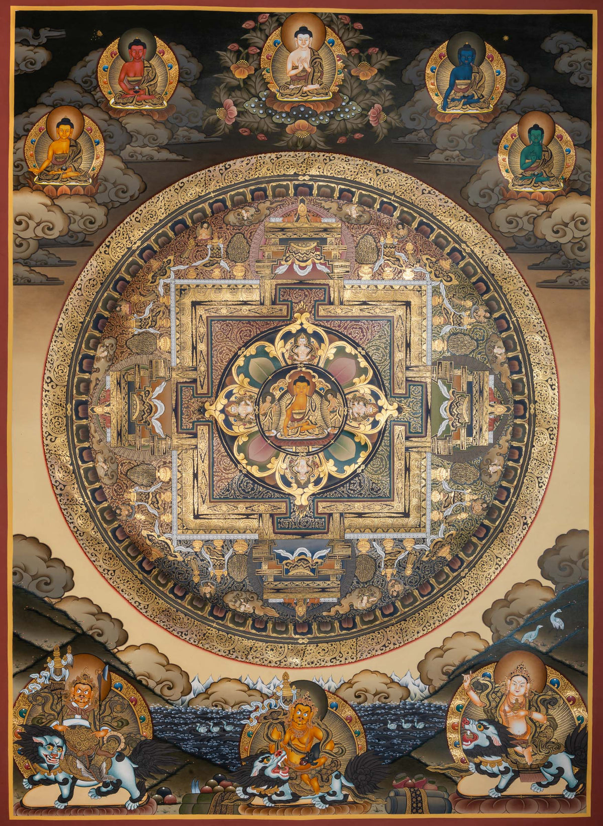 Tibetan Buddhist Buddha Mandala thangka featuring a central seated Buddha within a sacred geometric mandala, surrounded by the Five Dhyani Buddhas, protective deities, and ritual palace architecture, intricately hand-painted in traditional Tibetan style.