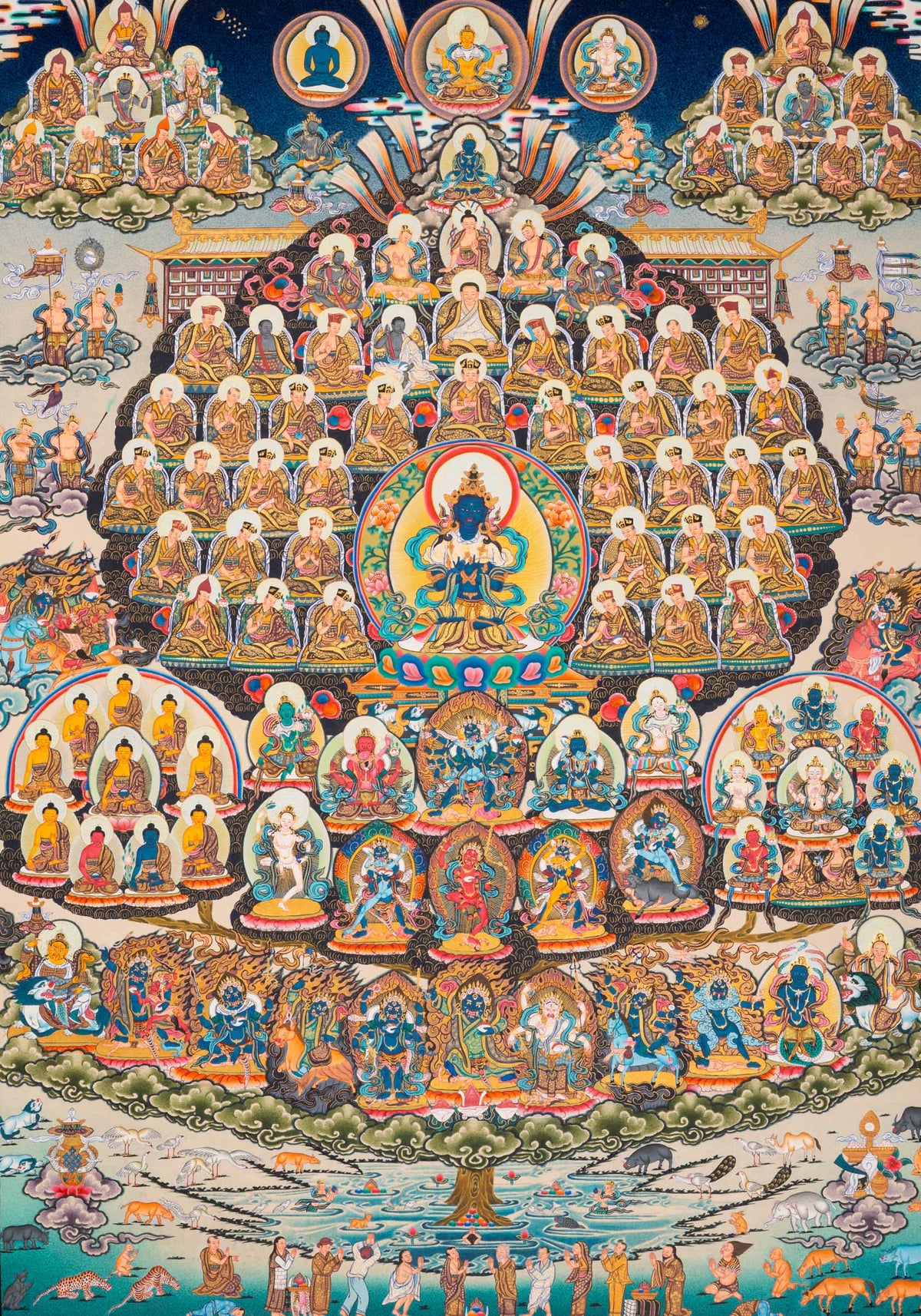 Kagyu lineage Vajradhara Thangka painting depicting Cheskini Vajradhara surrounded by Kagyu masters and enlightened figures, representing the transmission of Vajrayana Buddhist teachings.
