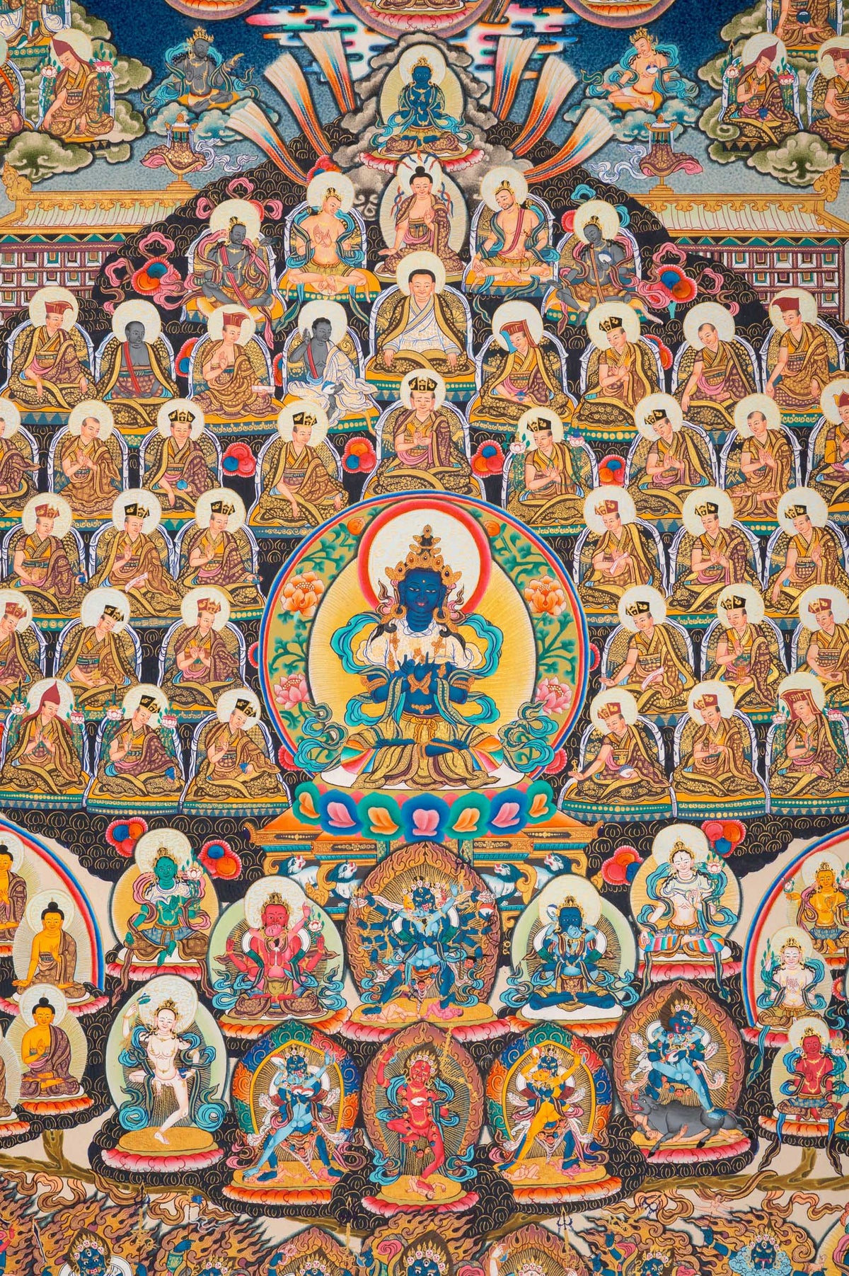 Kagyu lineage Vajradhara Thangka painting depicting Cheskini Vajradhara surrounded by Kagyu masters and enlightened figures, representing the transmission of Vajrayana Buddhist teachings.