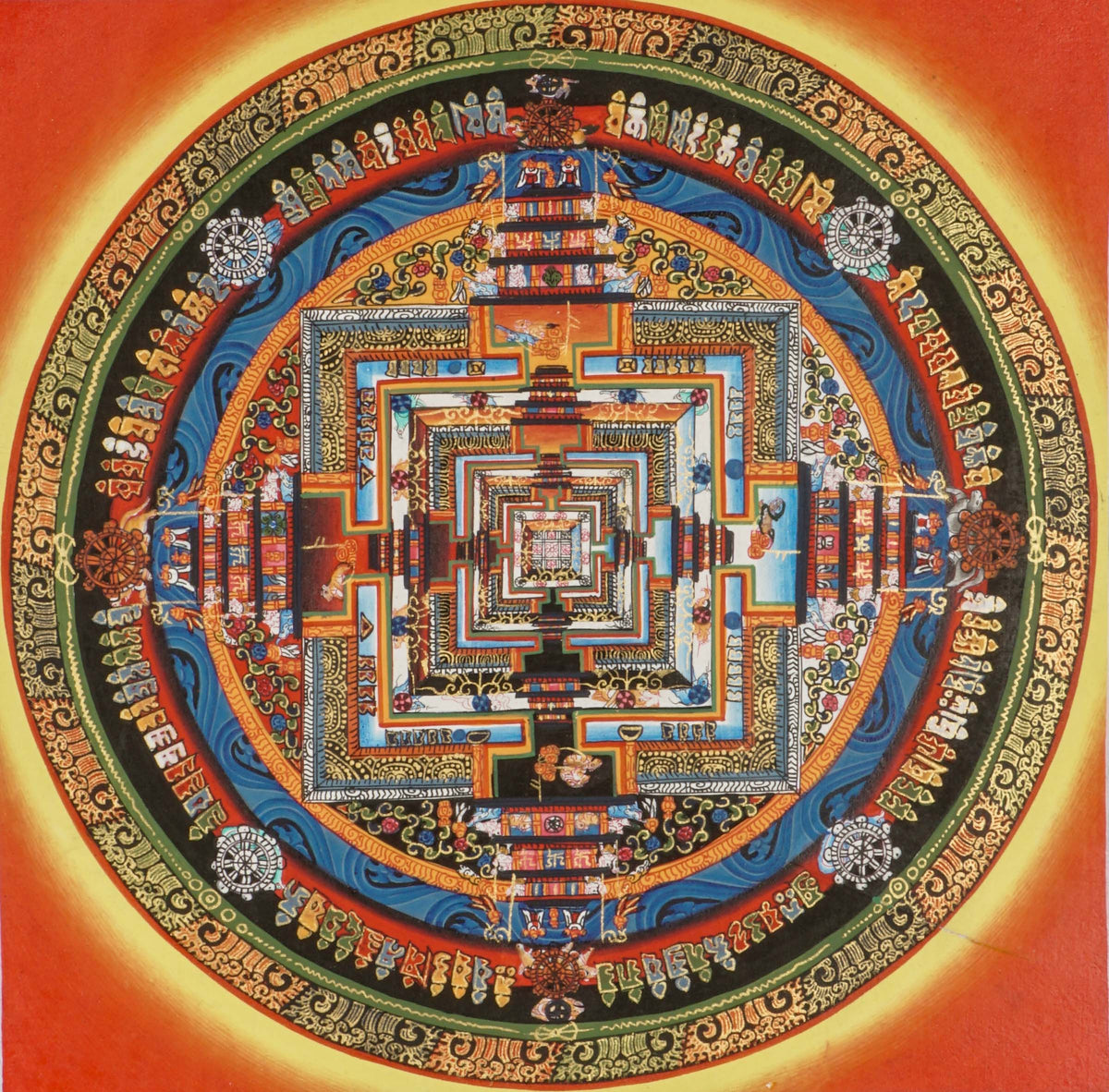 Kalachakra Mandala thangka depicting a square central palace surrounded by concentric rings, Tibetan script, and an orange-red background.