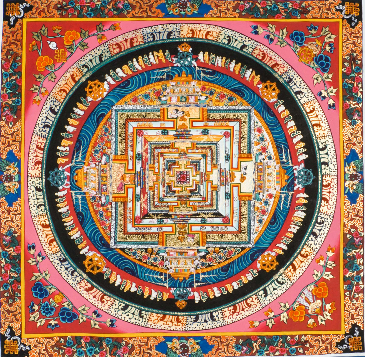 Tibetan Kalachakra Mandala Thangka painted with mineral pigments on cotton, depicting Buddhist cosmology and meditation teachings. Used for meditation practice and religious study in Tibetan Buddhism. 