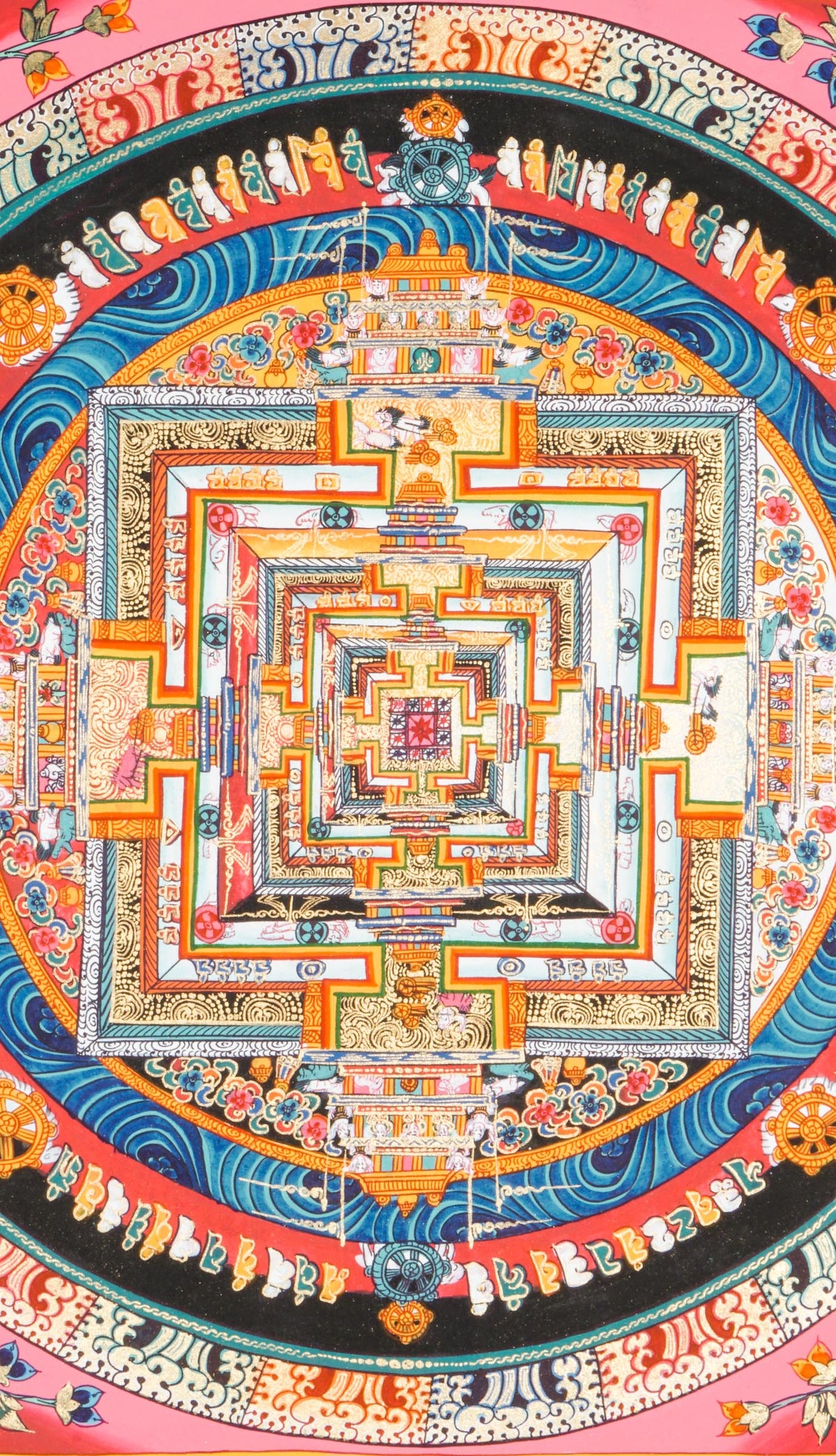 Tibetan Kalachakra Mandala Thangka painted with mineral pigments on cotton, depicting Buddhist cosmology and meditation teachings. Used for meditation practice and religious study in Tibetan Buddhism.
