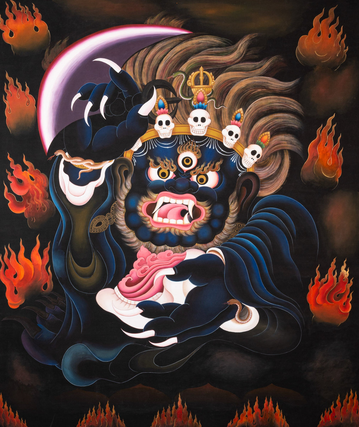 Short Kagyu Mahakala Thangka depicting the wrathful Dharma Protector Mahakala with raised curved chopper, skull crown, flaming hair, and blazing aura, embodying fierce compassion and protection in traditional hand-painted Tibetan Buddhist art.