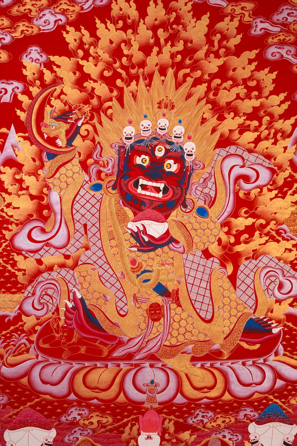 Red Mahakala Thangka depicting the wrathful Dharma Protector Mahakala surrounded by blazing wisdom flames, seated on a lotus throne, representing the Kagyu lineage protector in Tibetan Buddhism.